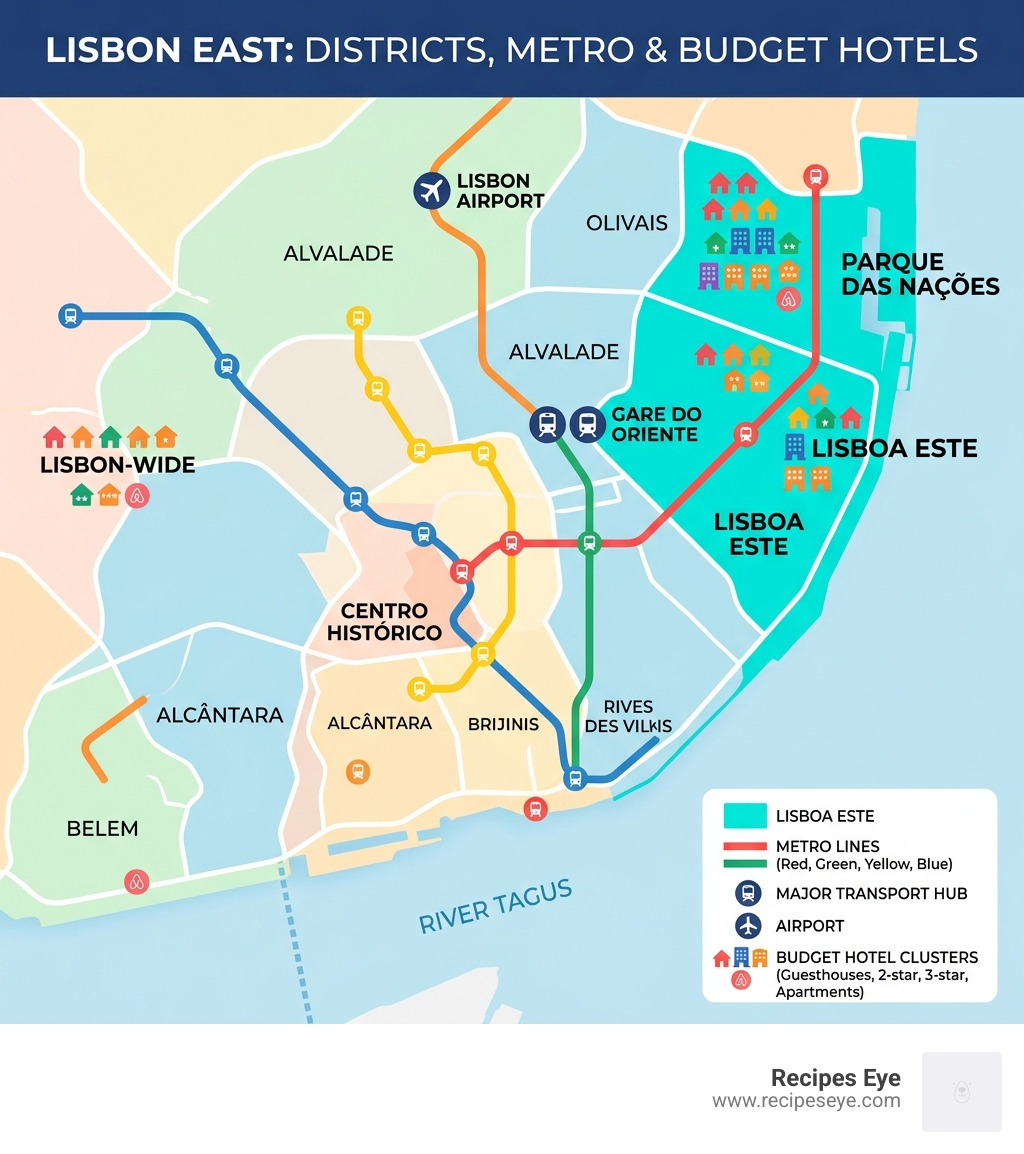 Lisbon district layout and transport zones showing Lisboa Este, metro lines, and budget hotel clusters - budget hotels