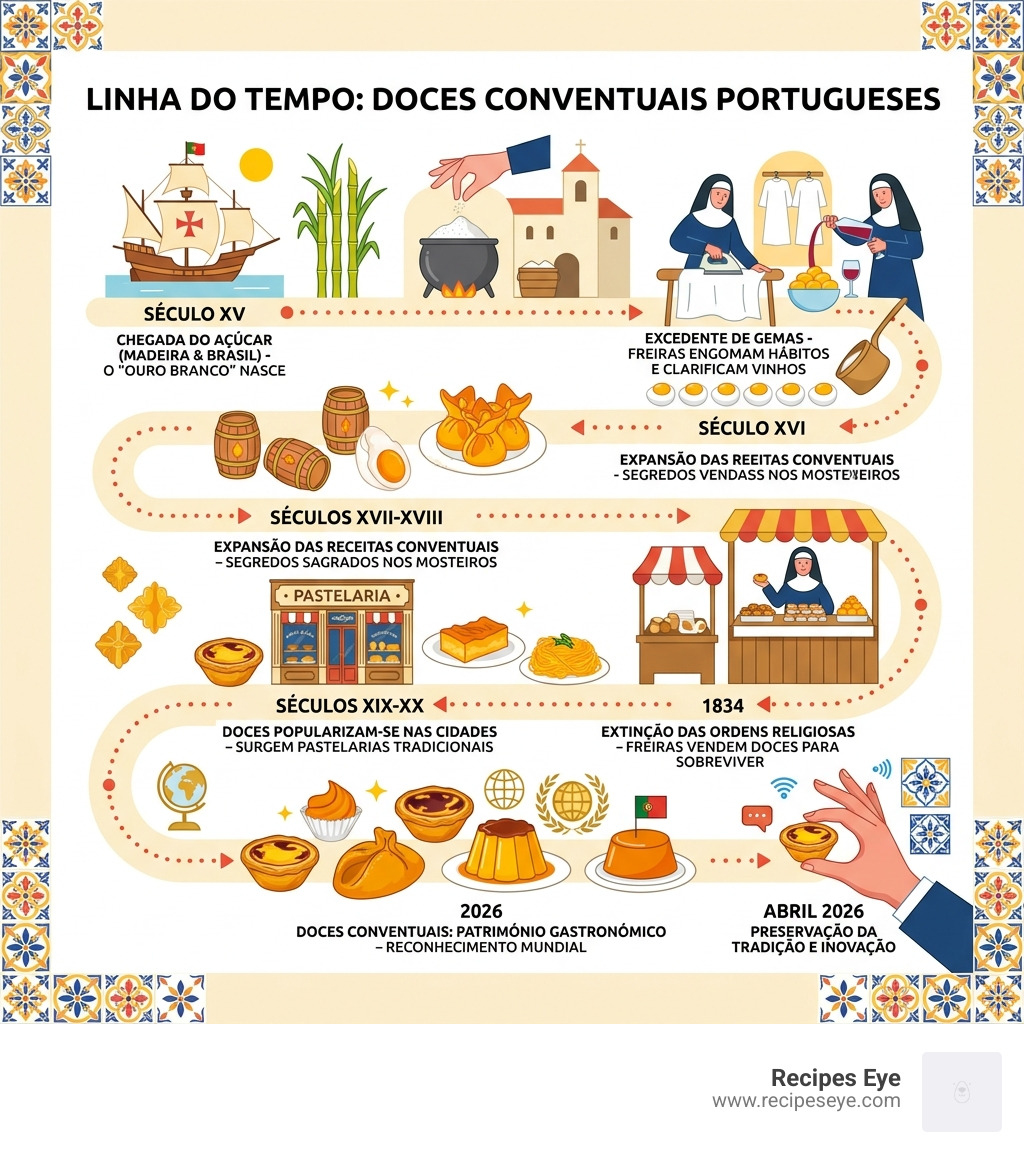 Timeline of Portuguese conventual sweets from 15th century sugar introduction to April 2026 - doces conventuais portugueses