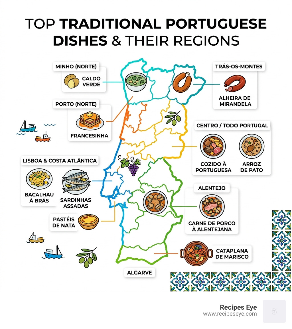 Infographic showing top traditional Portuguese dishes and their regions across Portugal - comida tradicional portuguesa