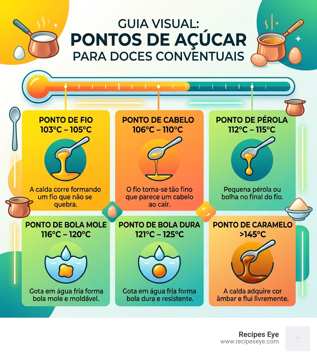 Infográfico mostrando os diferentes pontos de açúcar e suas temperaturas - doces conventuais portugueses infographic 