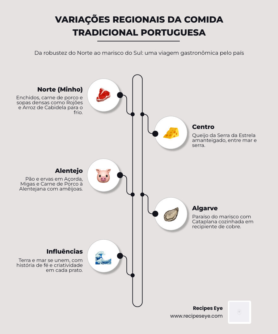 Infographic mapping regional Portuguese specialties from North to South - comida tradicional portuguesa infographic