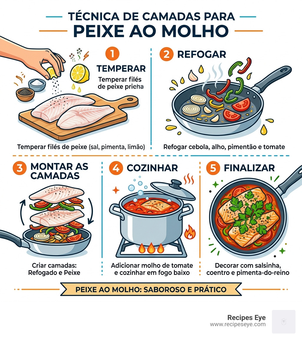 Step-by-step infographic showing layering technique for peixe ao molho: seasoning, sautéing, layering, simmering, finishing