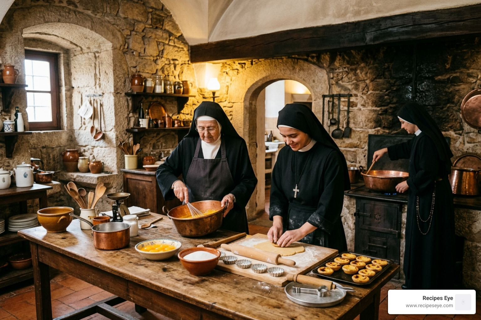 Freiras trabalhando em uma cozinha de convento tradicional - doces conventuais portugueses