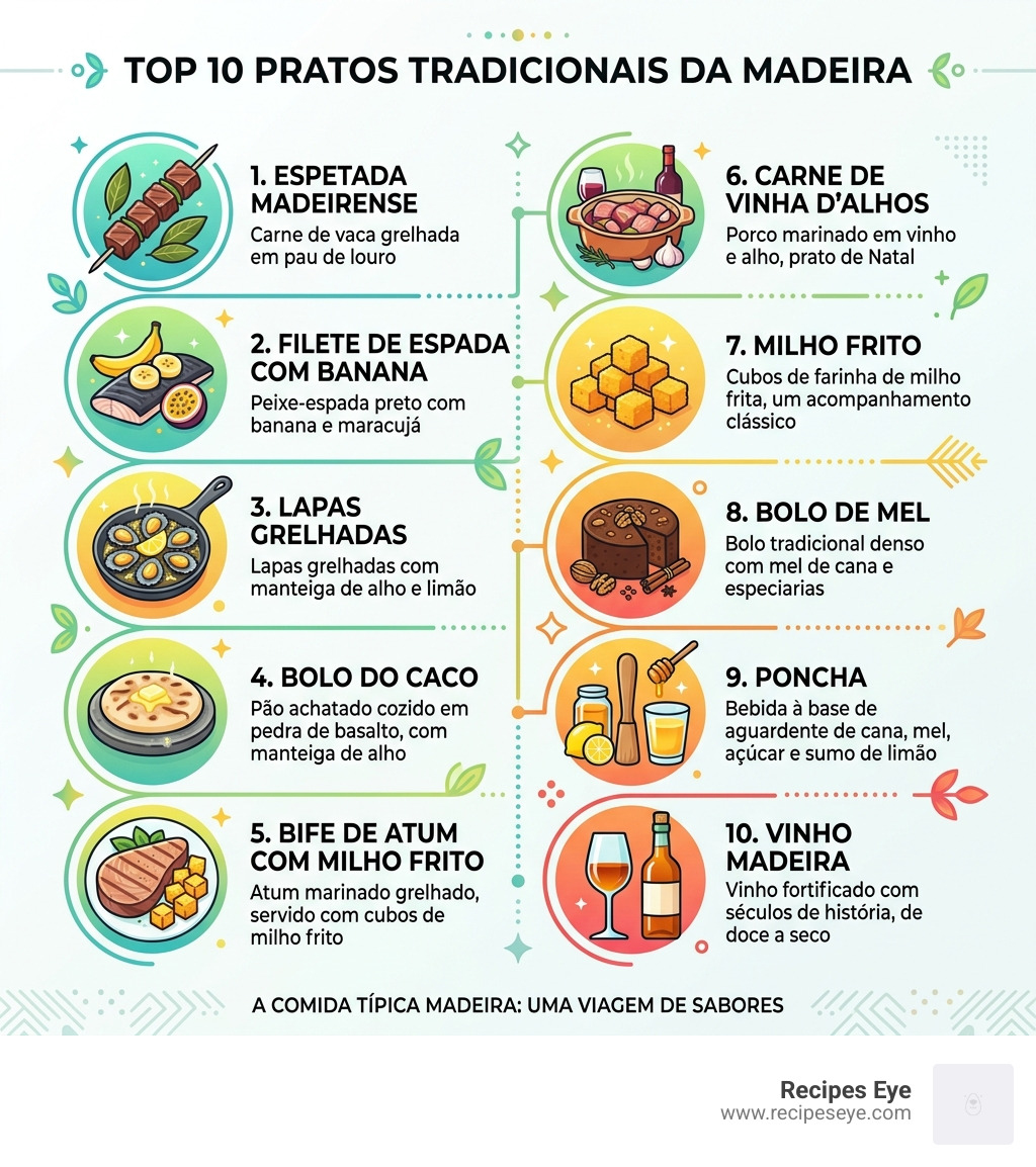 infographic of top 10 traditional Madeiran dishes with icons and brief descriptions - comida típica madeira infographic 