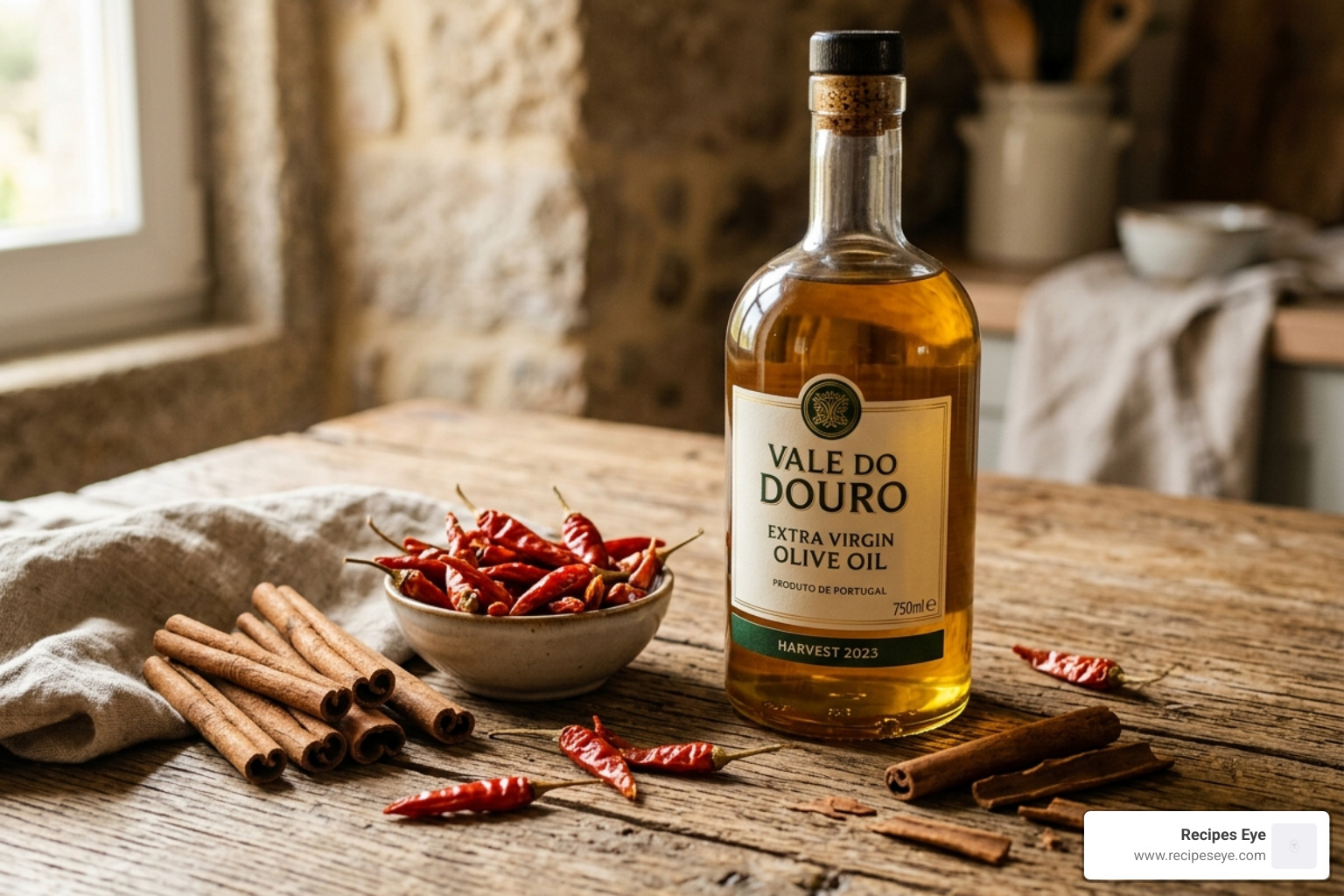 Spices like cinnamon and piri-piri next to a bottle of golden Portuguese olive oil - comida tradicional portuguesa