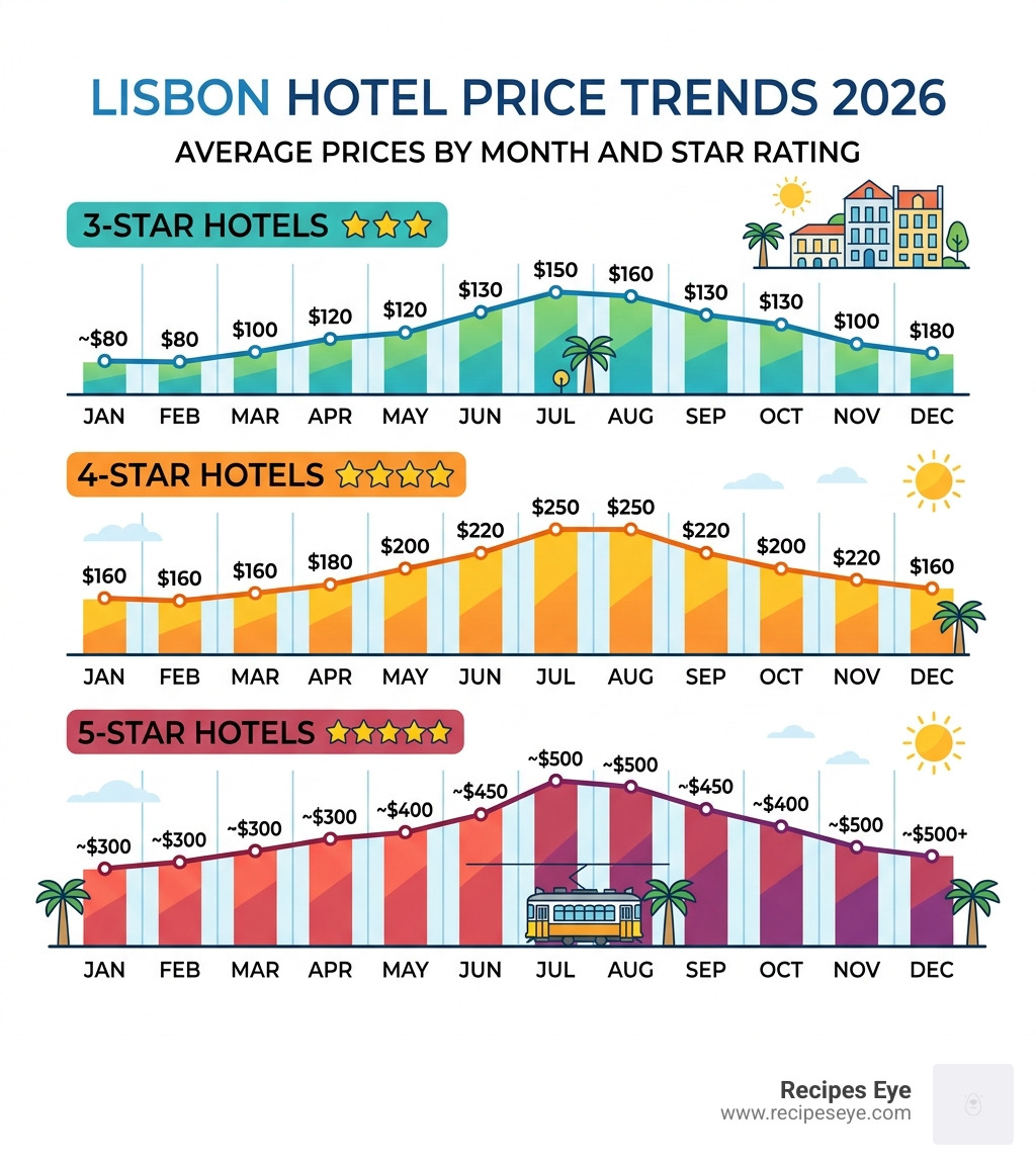 Lisbon hotel price trends 2026 infographic showing average prices by month and star rating - budget hotels lisboa centro
