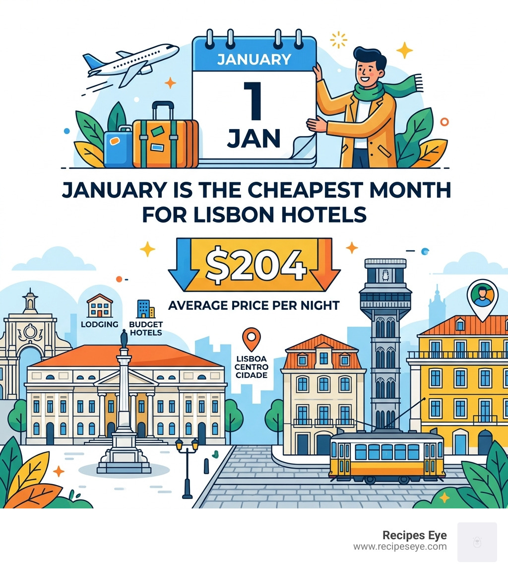 Infographic showing that January is the cheapest month for Lisbon hotels at $204 average per night - budget hotels lisboa