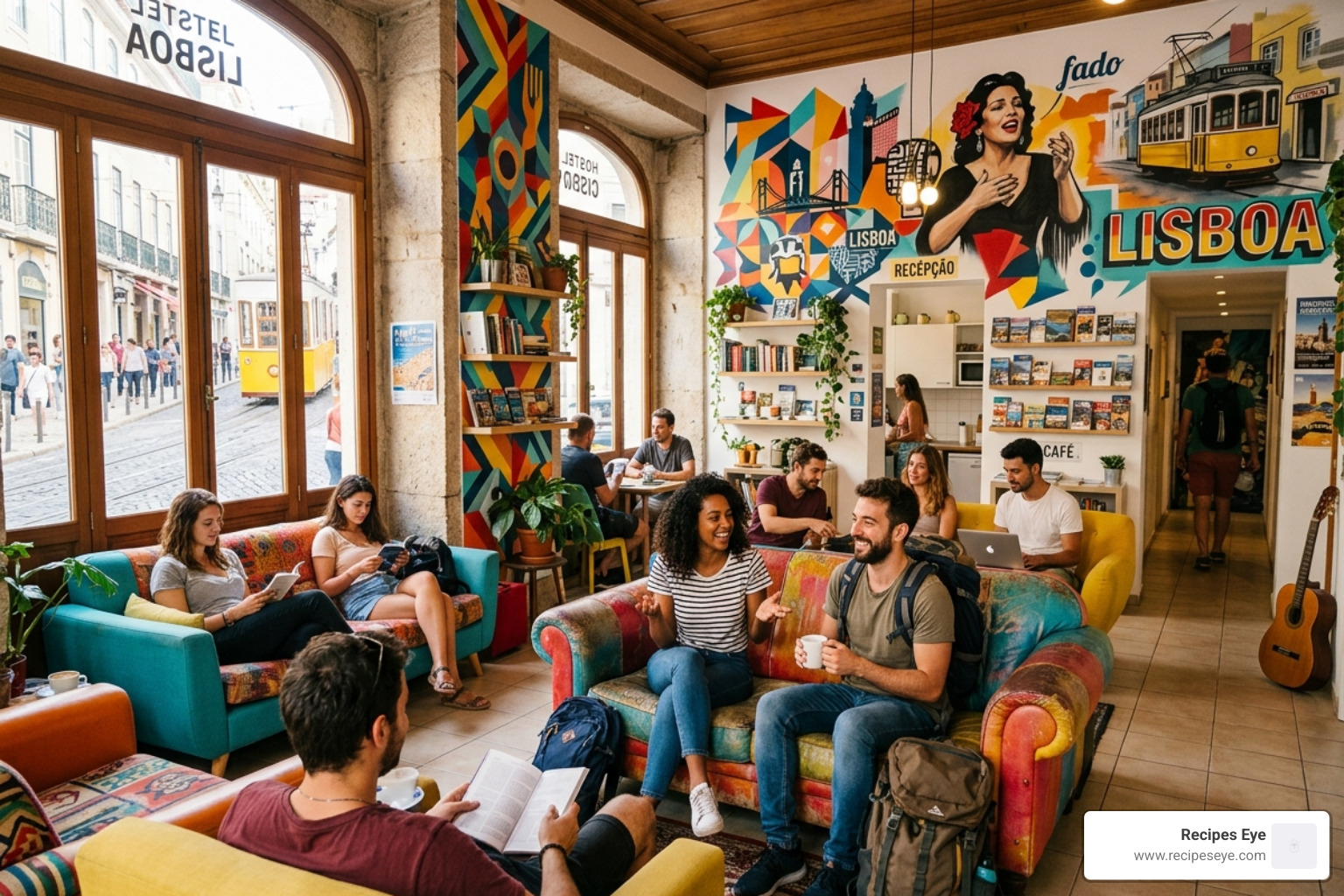 Modern hostel common area with travelers and vibrant decor - budget stay lisboa bairro alto