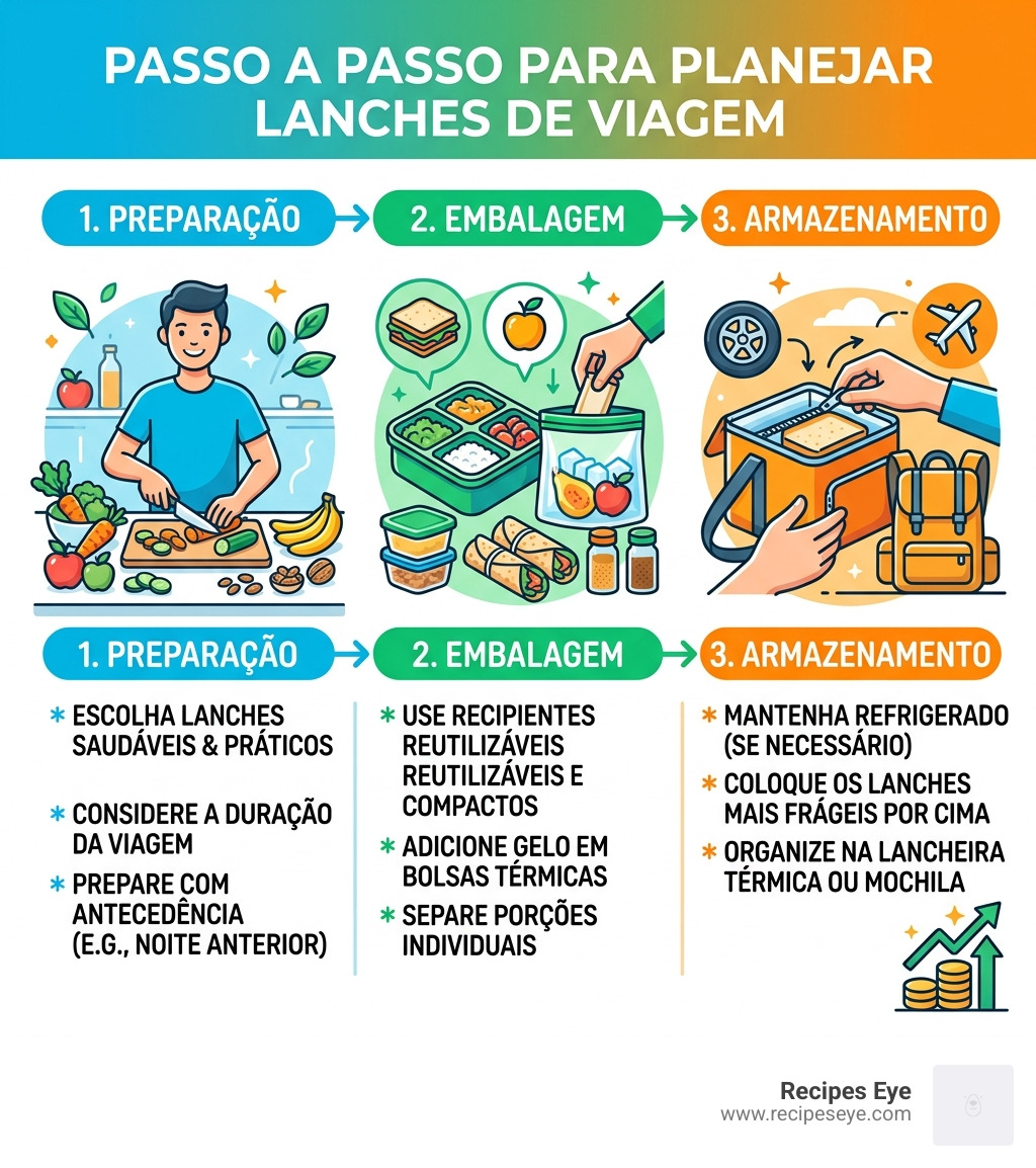 infographic showing travel snack planning steps with icons for preparation, packing, and storage - lanches para viagem