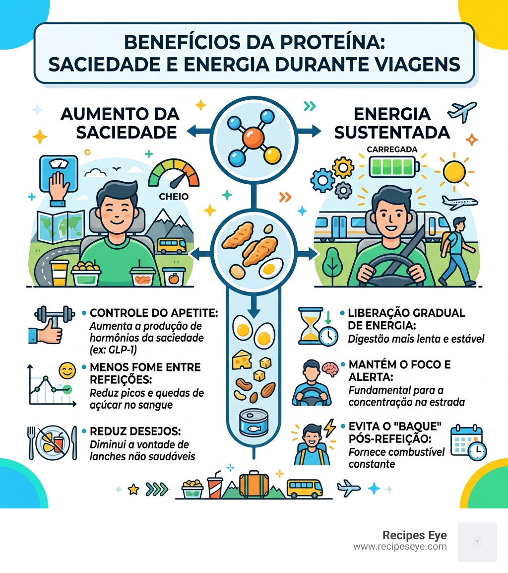 infographic showing the benefits of protein for satiety and energy during travel - lanches para viagem infographic 