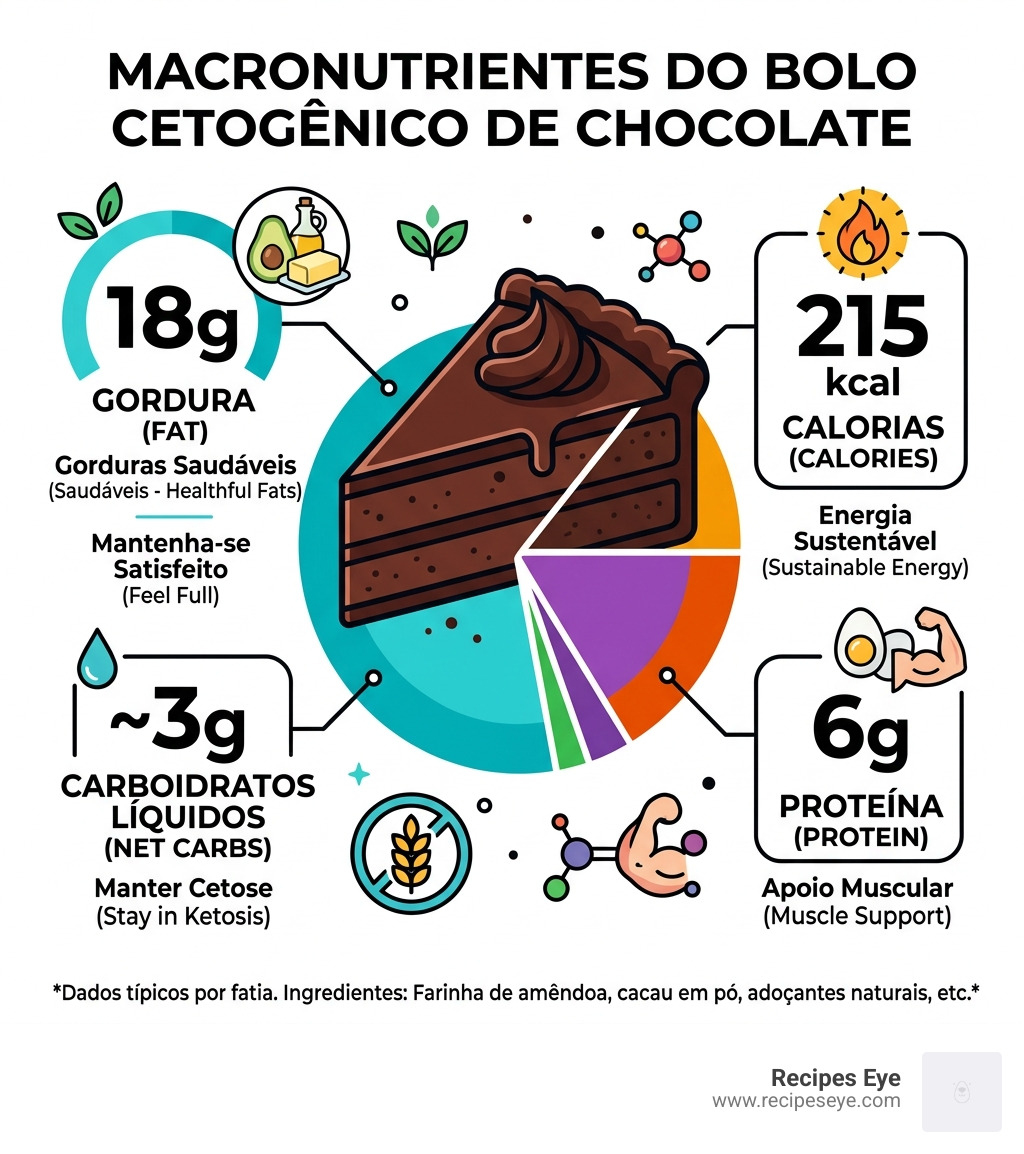 Infographic showing keto macronutrient ratios for chocolate desserts with calories, fat, carbs, and protein per slice - bolo