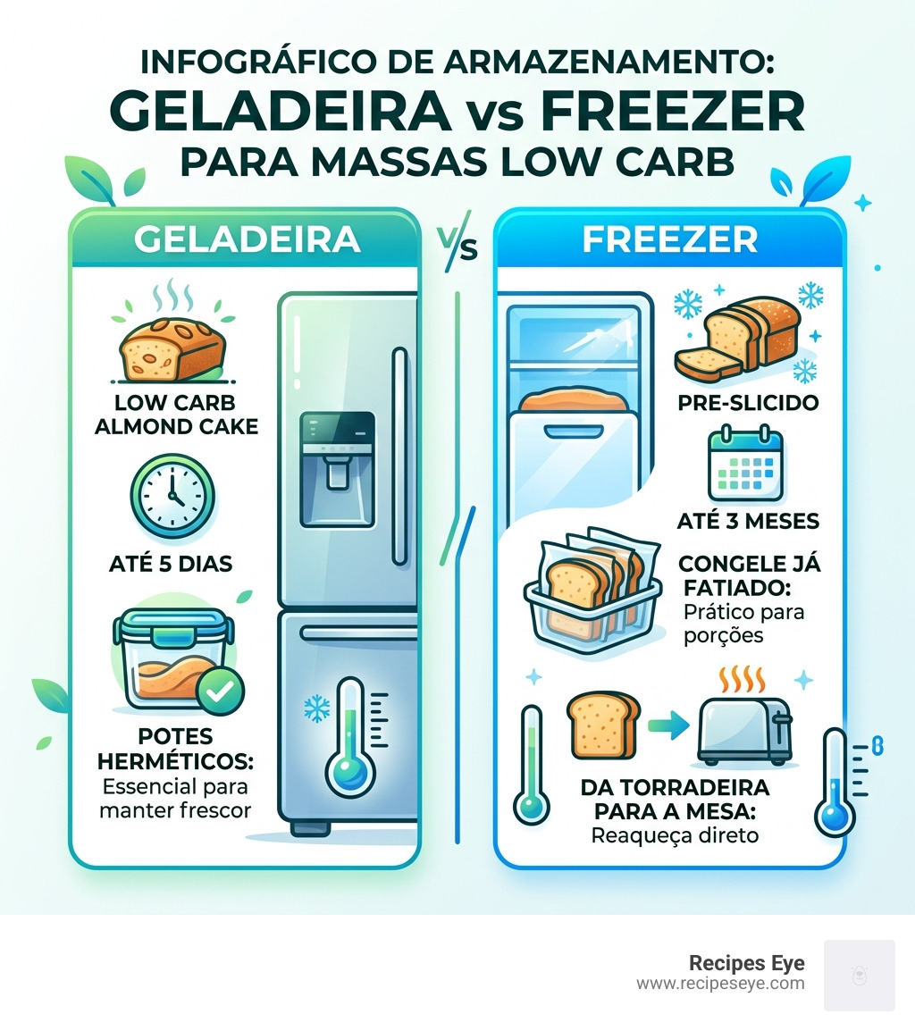 Infográfico de armazenamento: Geladeira vs Freezer para massas low carb - massa de amêndoa low carb infographic 