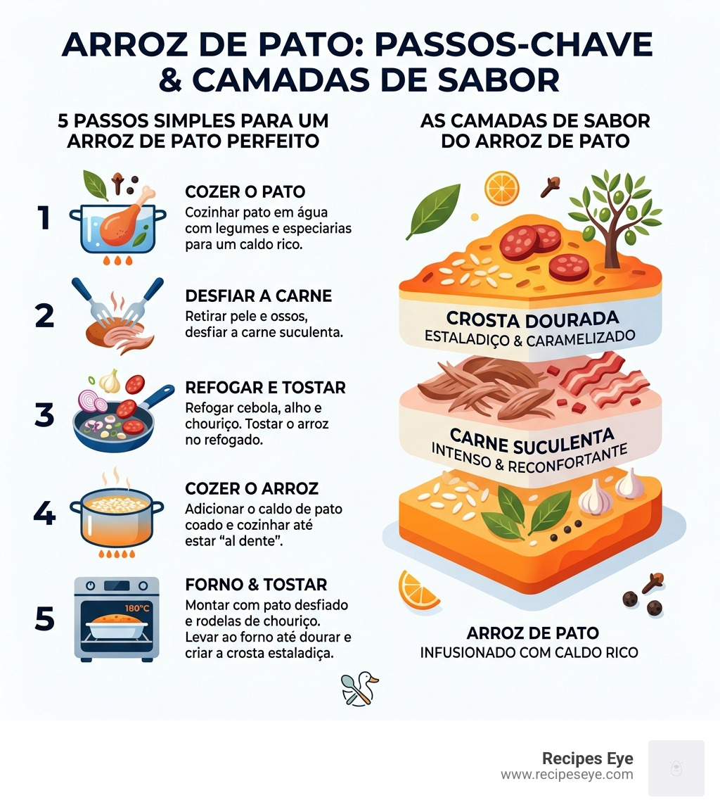 Key steps and flavor layers in traditional Portuguese arroz de pato infographic - arroz de pato infographic 