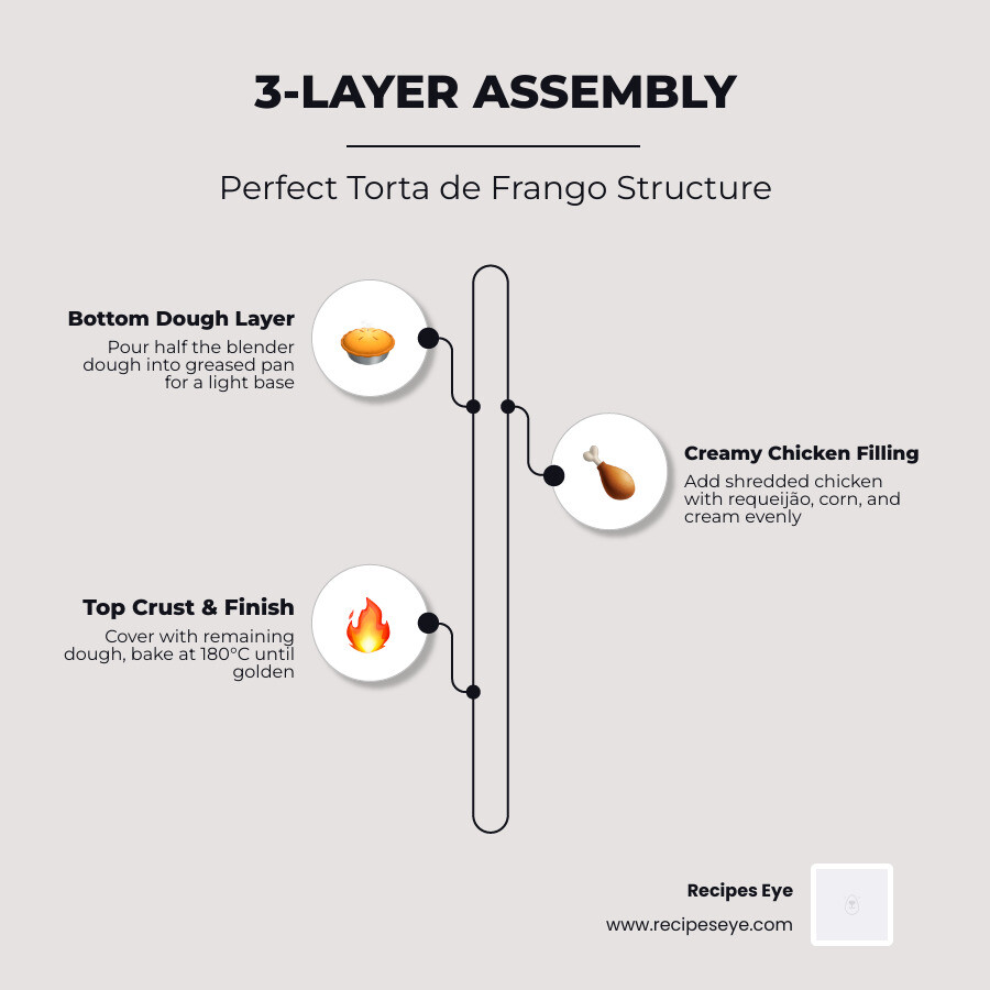 3-layer assembly process for torta de frango with blender dough, creamy chicken filling, and requeijão topping - torta de