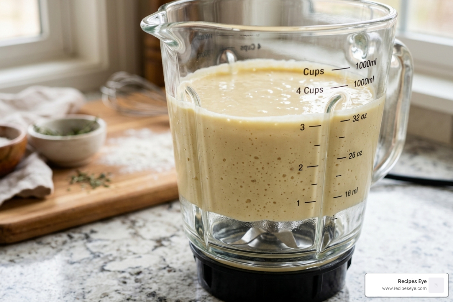 blender dough consistency for chicken pie showing a smooth and pourable texture - torta de frango receitas da cris