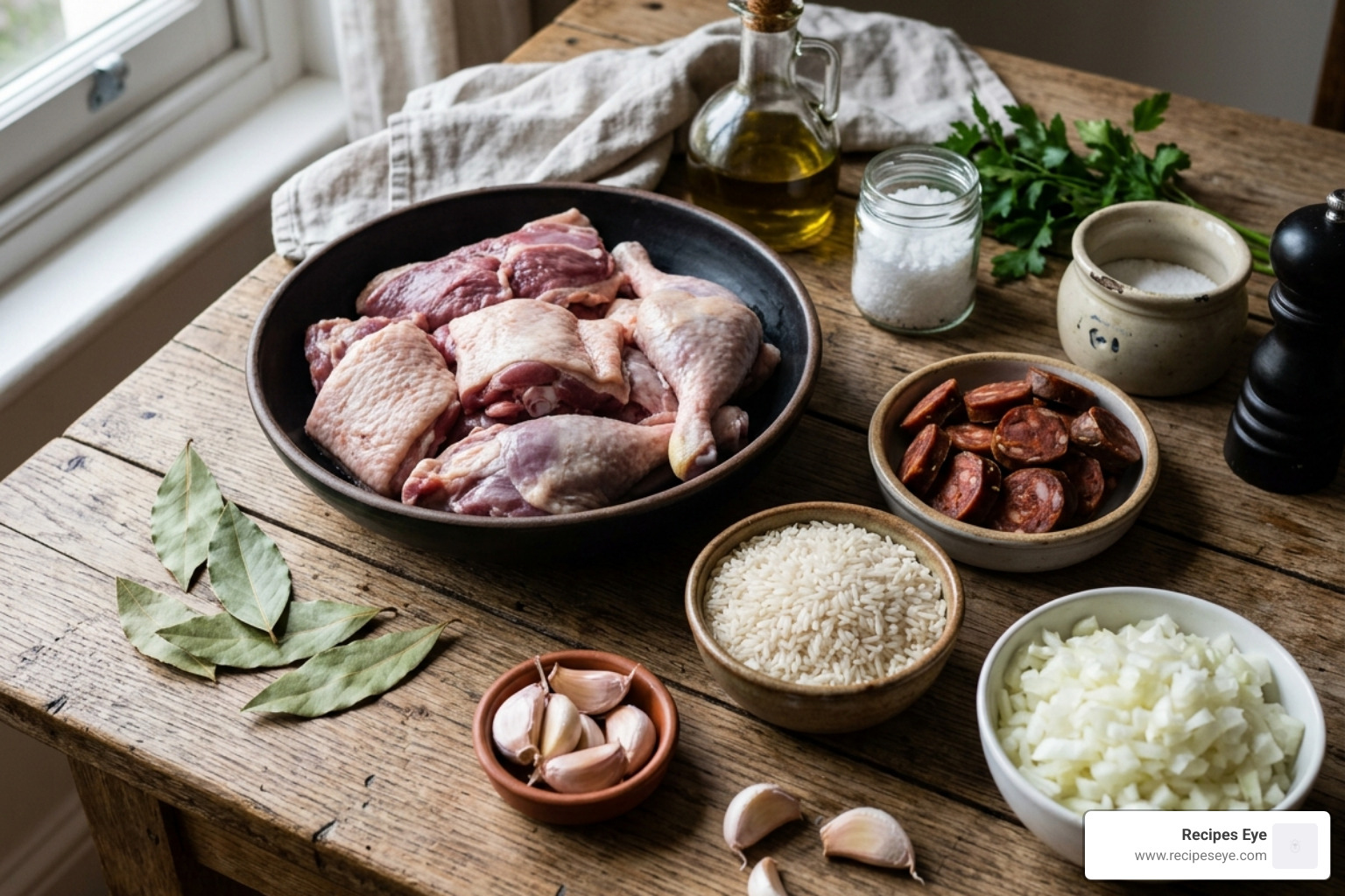 Fresh ingredients for authentic duck rice including duck, chorizo, and aromatics - arroz de pato