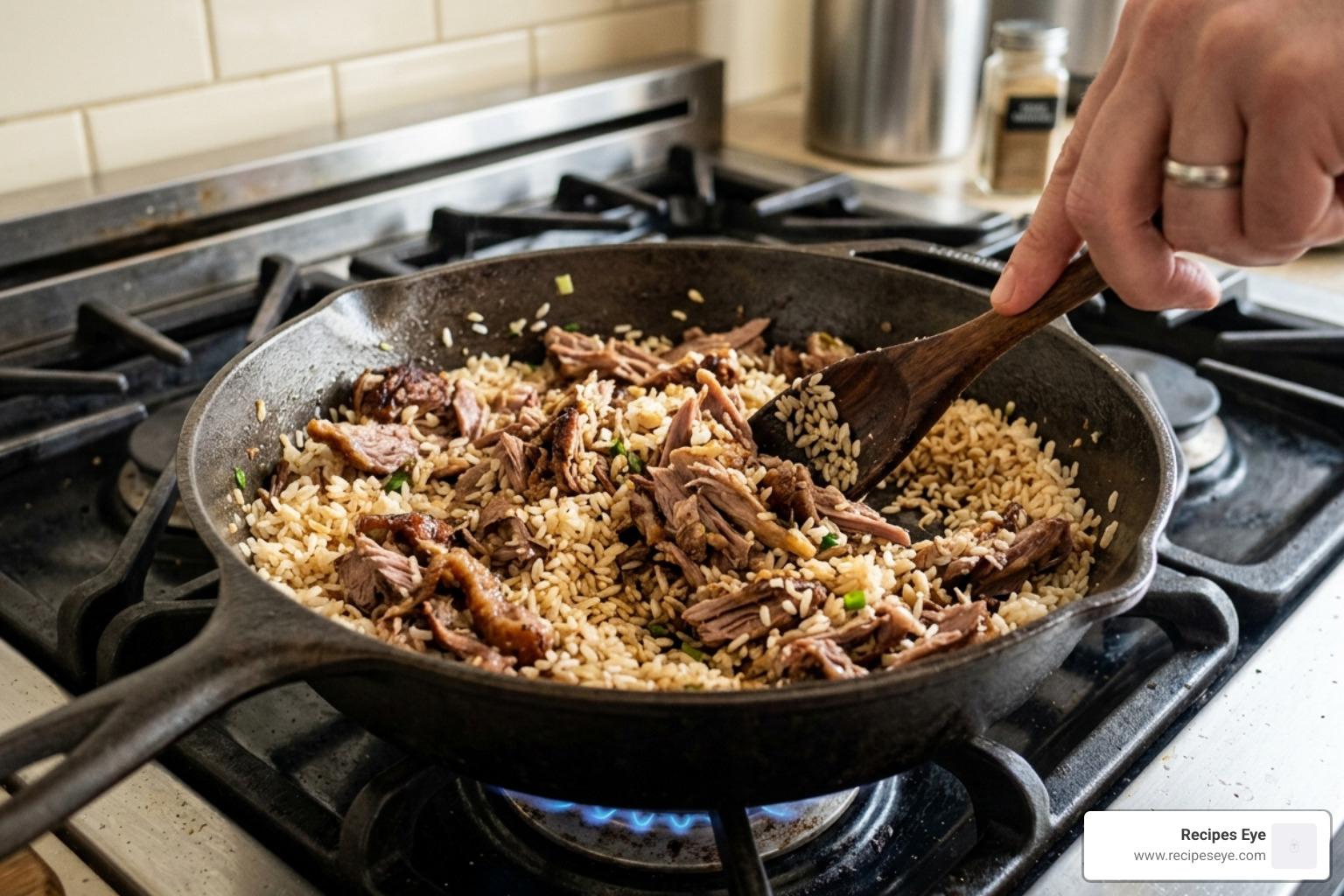 Mixing shredded duck with toasted rice in a large pan - arroz de pato