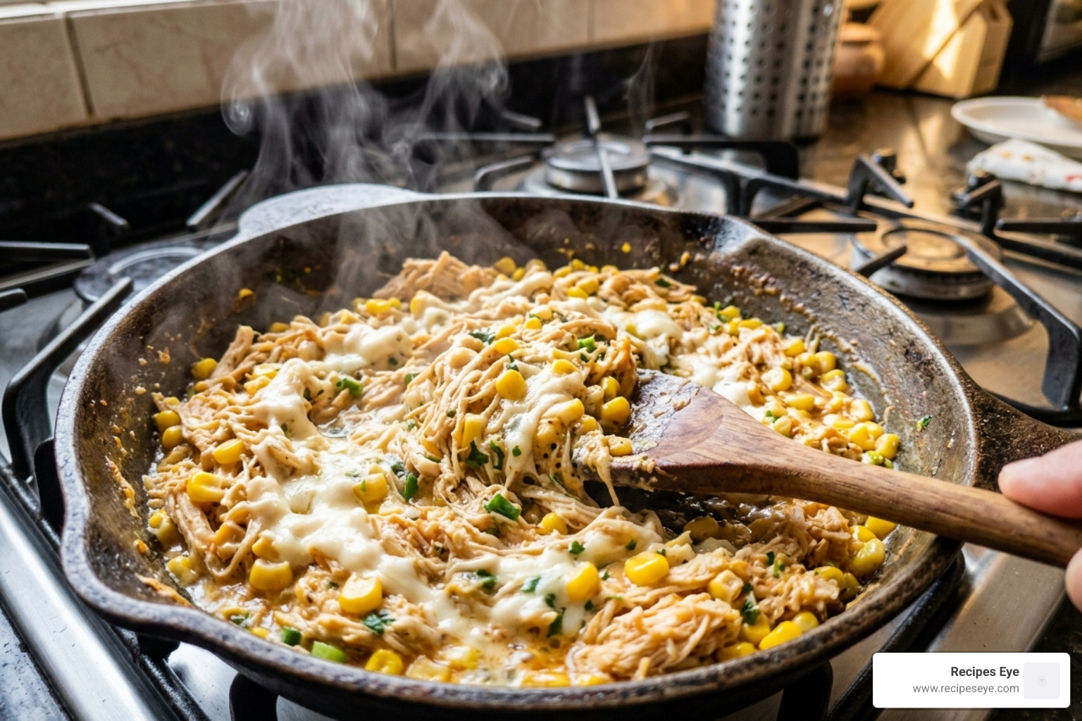 shredded chicken filling mixed with requeijão and corn in a pan - torta de frango receitas da cris