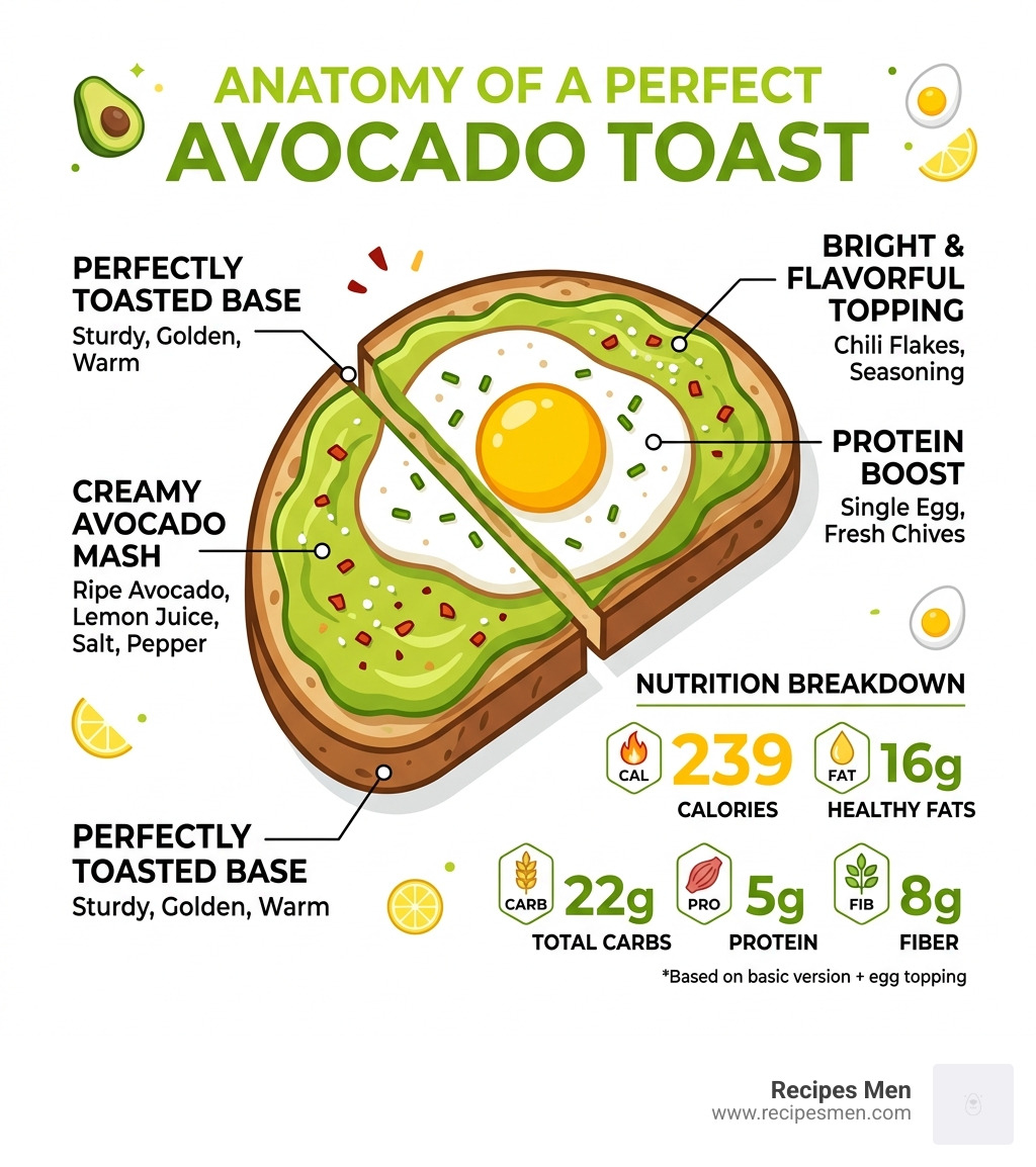 anatomy of a perfect avocado toast with labeled layers and nutrition breakdown - avocado toast for breakfast infographic 