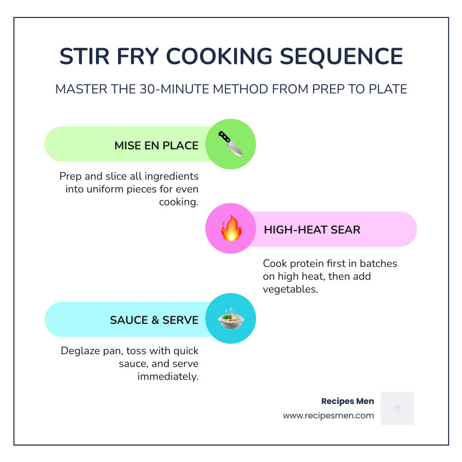Stir fry cooking sequence infographic showing steps from prep to plate in under 30 minutes - stir fry quick recipes