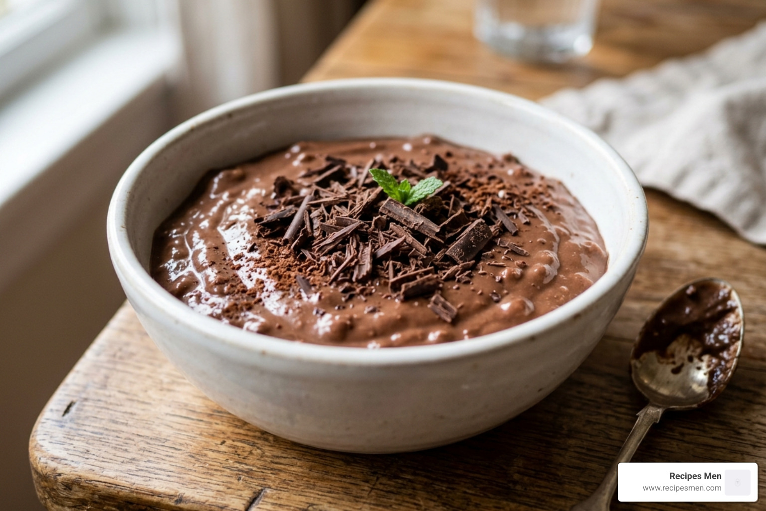 Creamy chocolate cottage cheese pudding topped with dark chocolate shavings - cottage cheese protein snacks