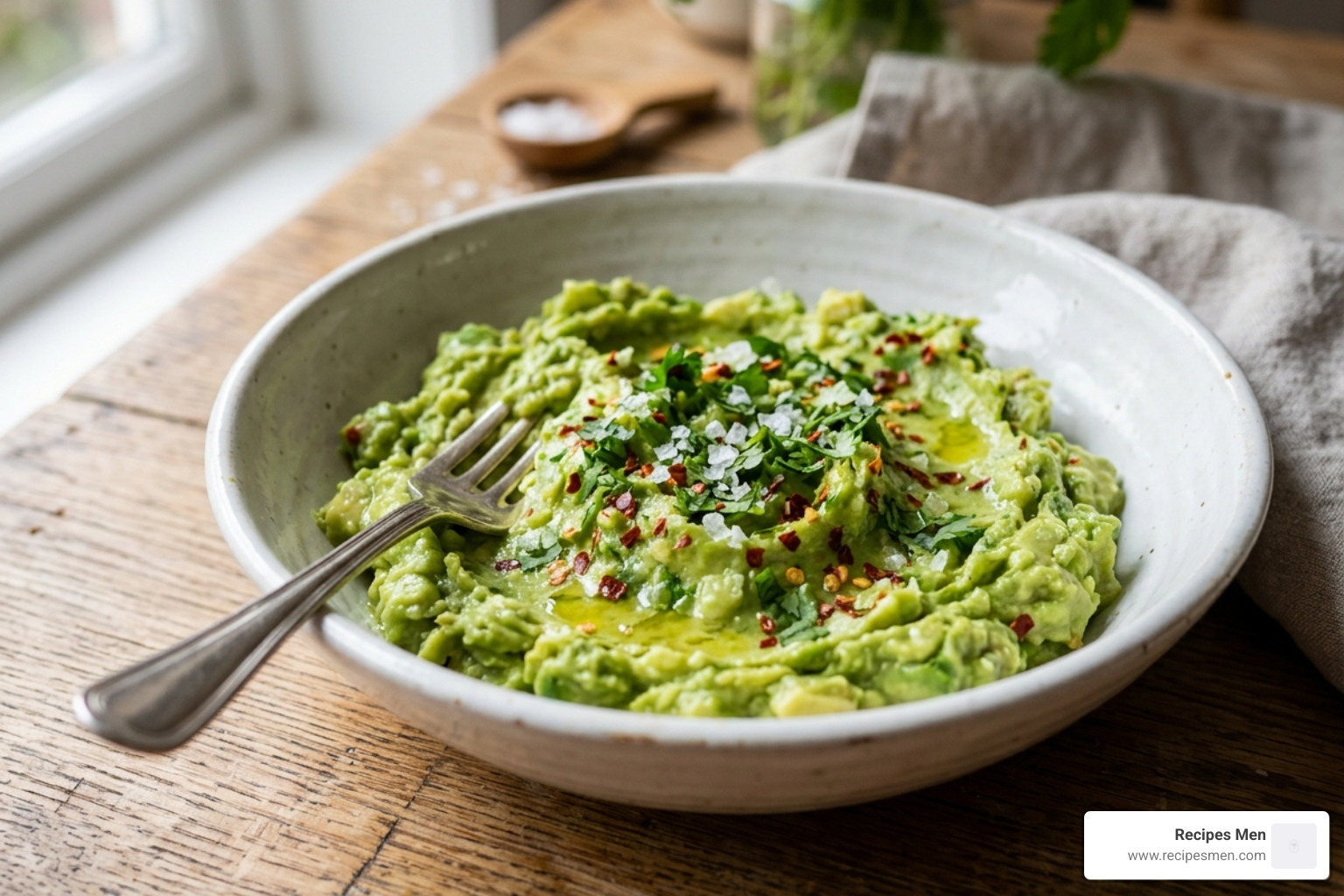 mashed avocado in a bowl with lemon juice and seasonings - avocado toast for breakfast