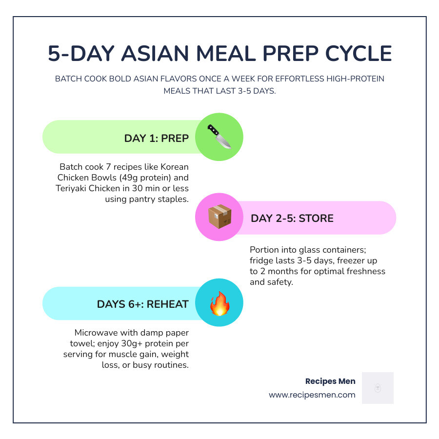 5-day Asian meal prep cycle infographic with recipes, macros, and storage tips - asian meal prep recipes infographic