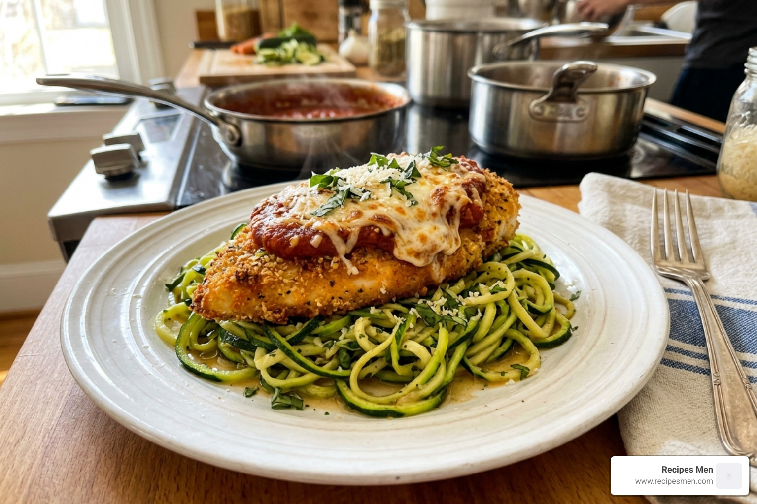 Keto Chicken Parmesan served over a bed of zucchini noodles - high protein dinners low carb
