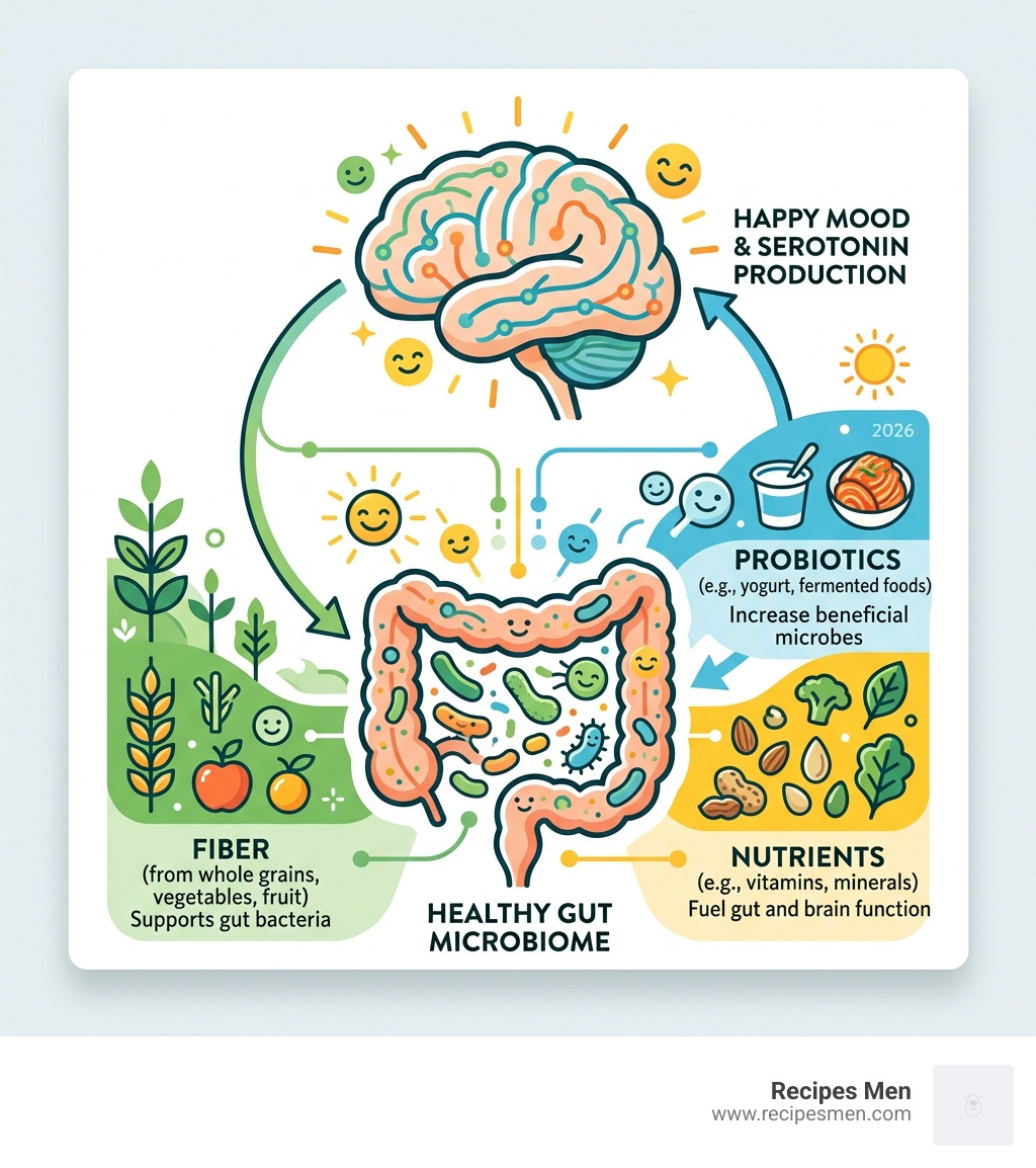 Gut-brain axis infographic showing how fiber, probiotics, and nutrients support serotonin and mood - mood boosting breakfast