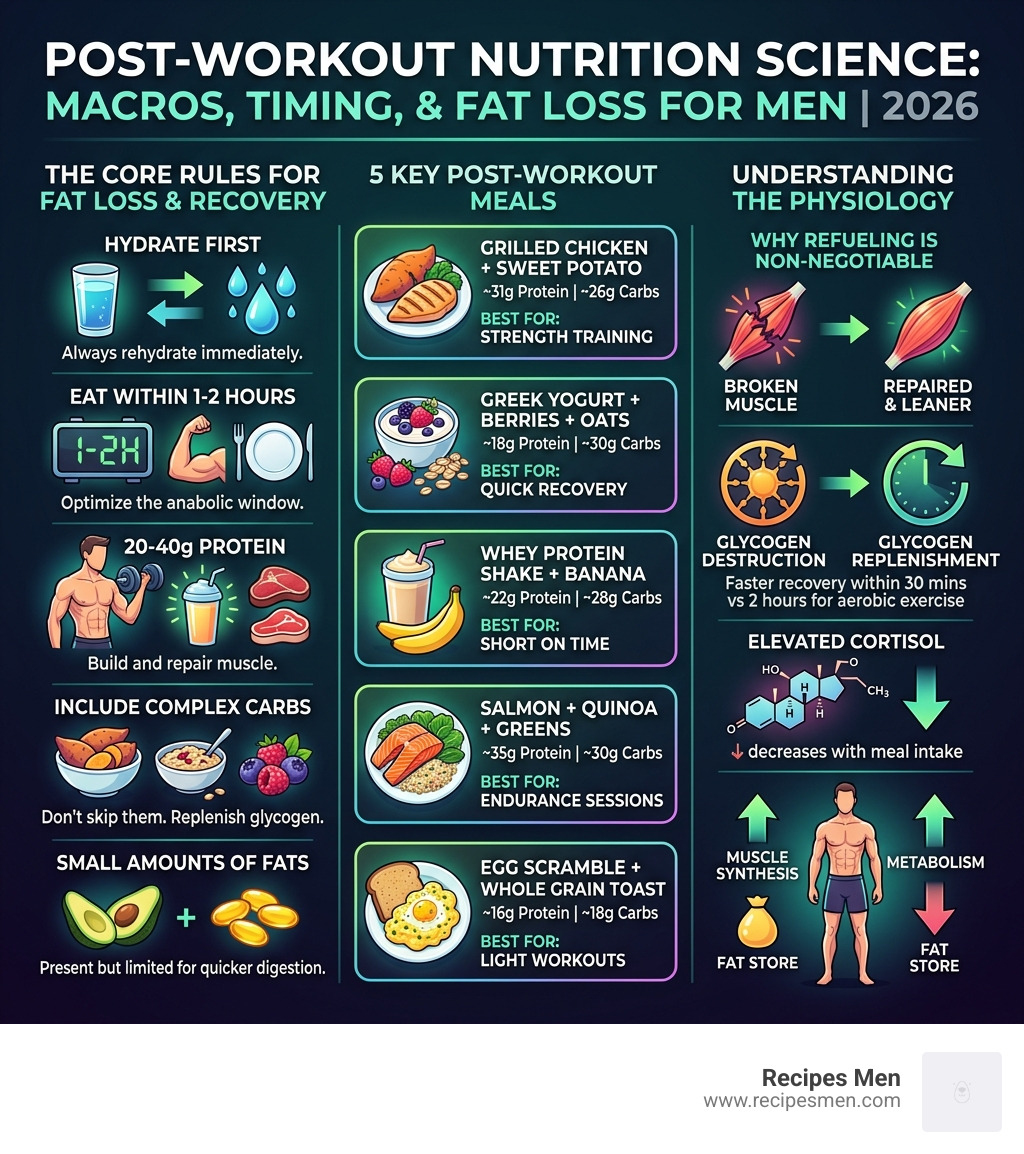 Post-workout nutrition science: macros, timing, and fat loss for men in 2026 - after workout meal for fat loss infographic 