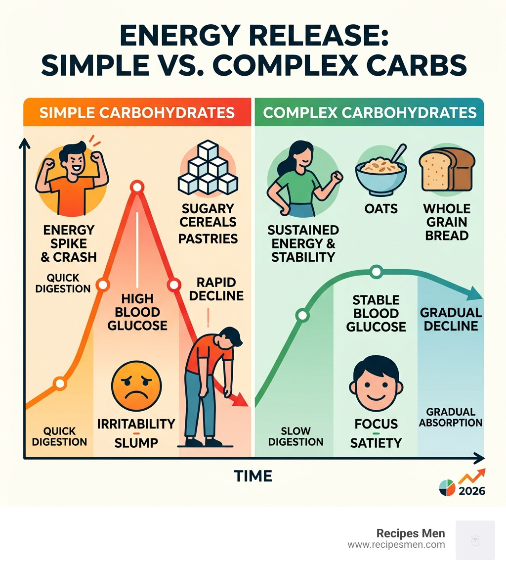 infographic showing the difference between simple and complex carb energy release - mood boosting breakfast ideas
