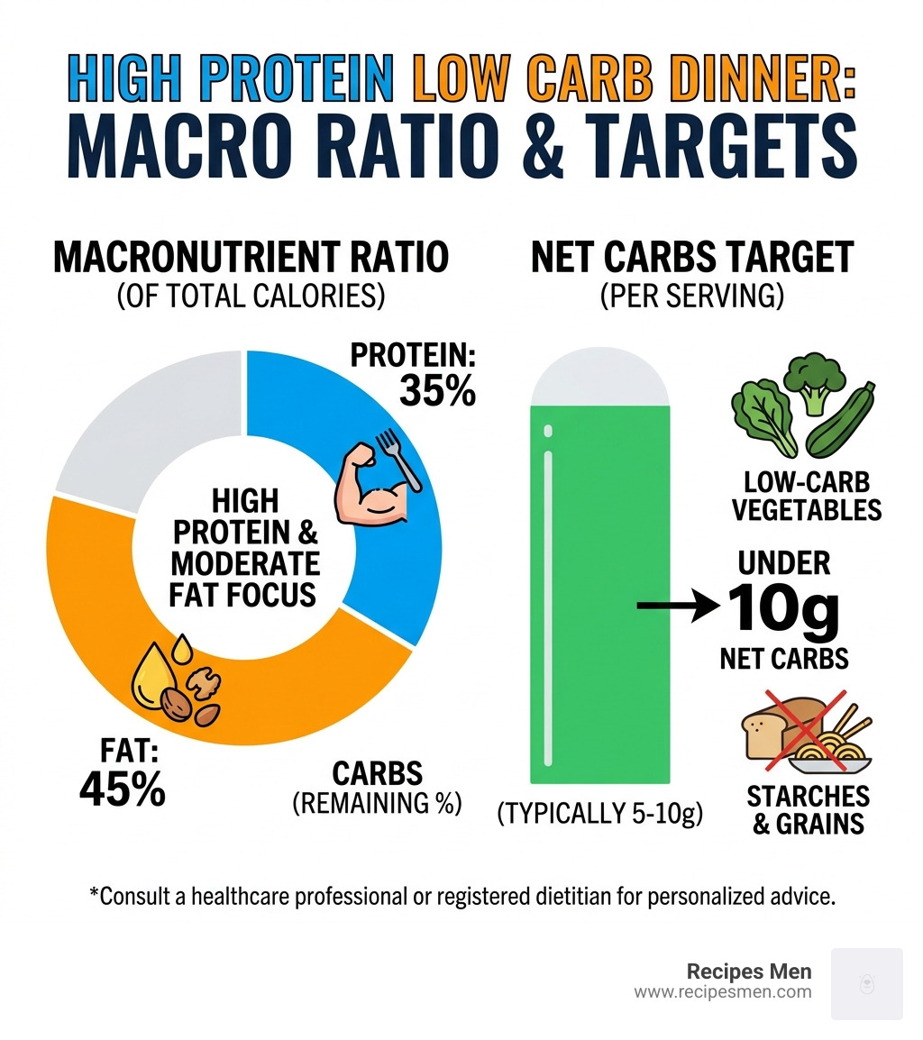 high protein low carb macro ratio infographic showing protein 35%, fat 45%, net carbs under 10g per serving - high protein