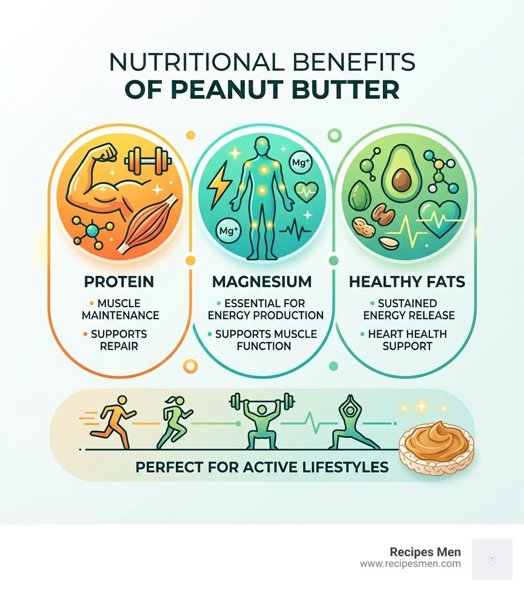 nutritional benefits of peanut butter infographic showing protein, magnesium, and healthy fats - rice cakes peanut butter