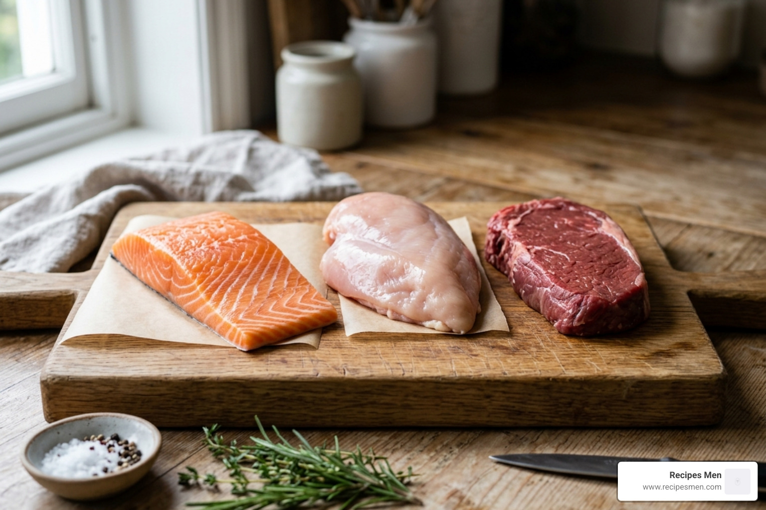 raw salmon, chicken breast, and lean beef on a wooden cutting board - high protein dinners low carb