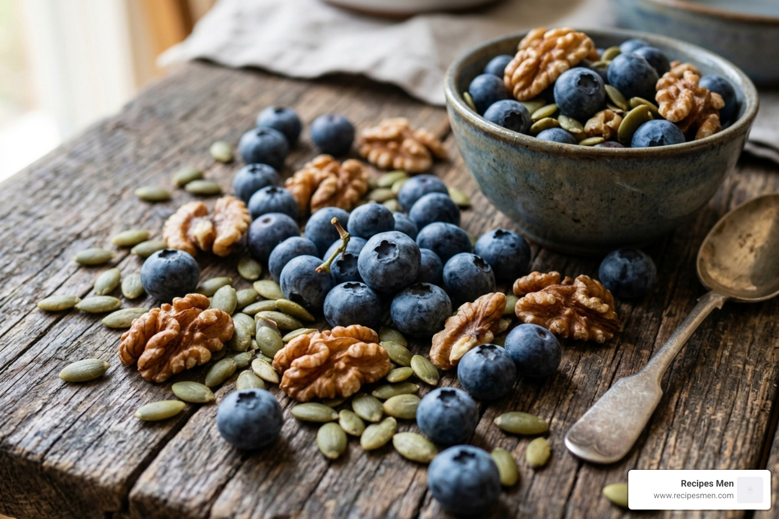 A variety of fresh blueberries, walnuts, and pumpkin seeds on a wooden table - mood boosting breakfast ideas