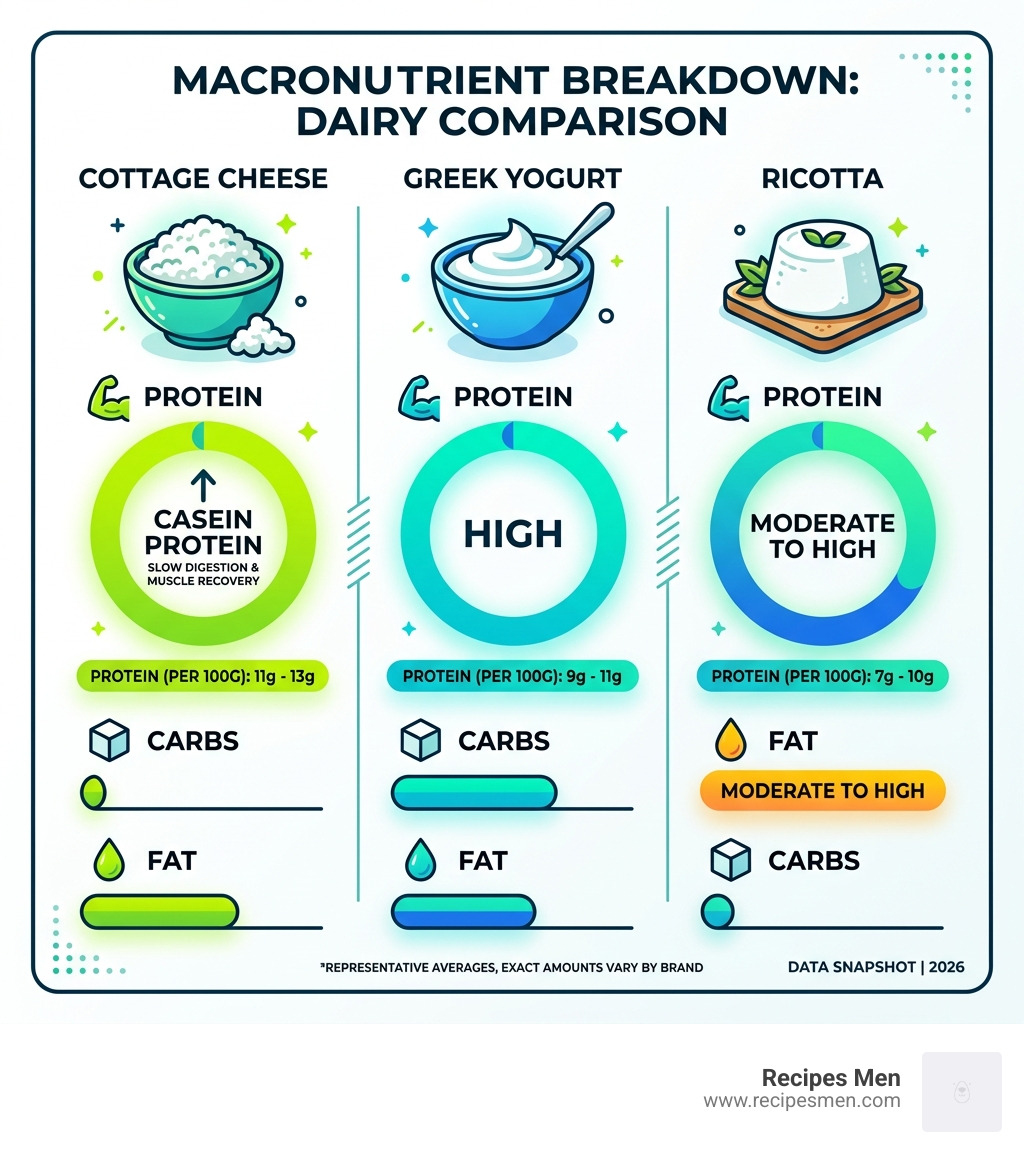 Macronutrient breakdown of cottage cheese vs Greek yogurt vs ricotta dairy comparison infographic - cottage cheese protein