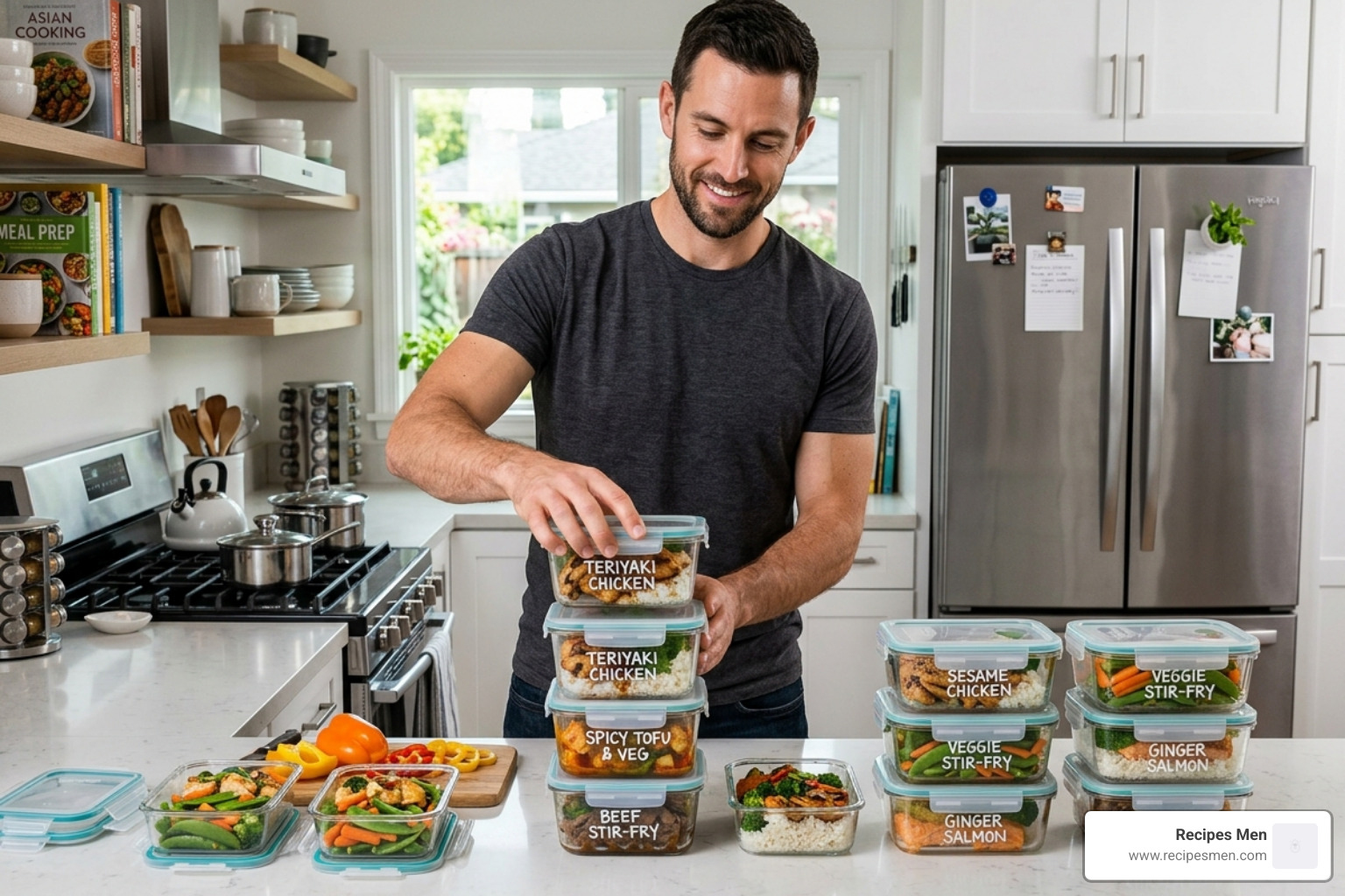 Man organizing glass meal prep containers with healthy Asian-inspired meals - asian meal prep recipes