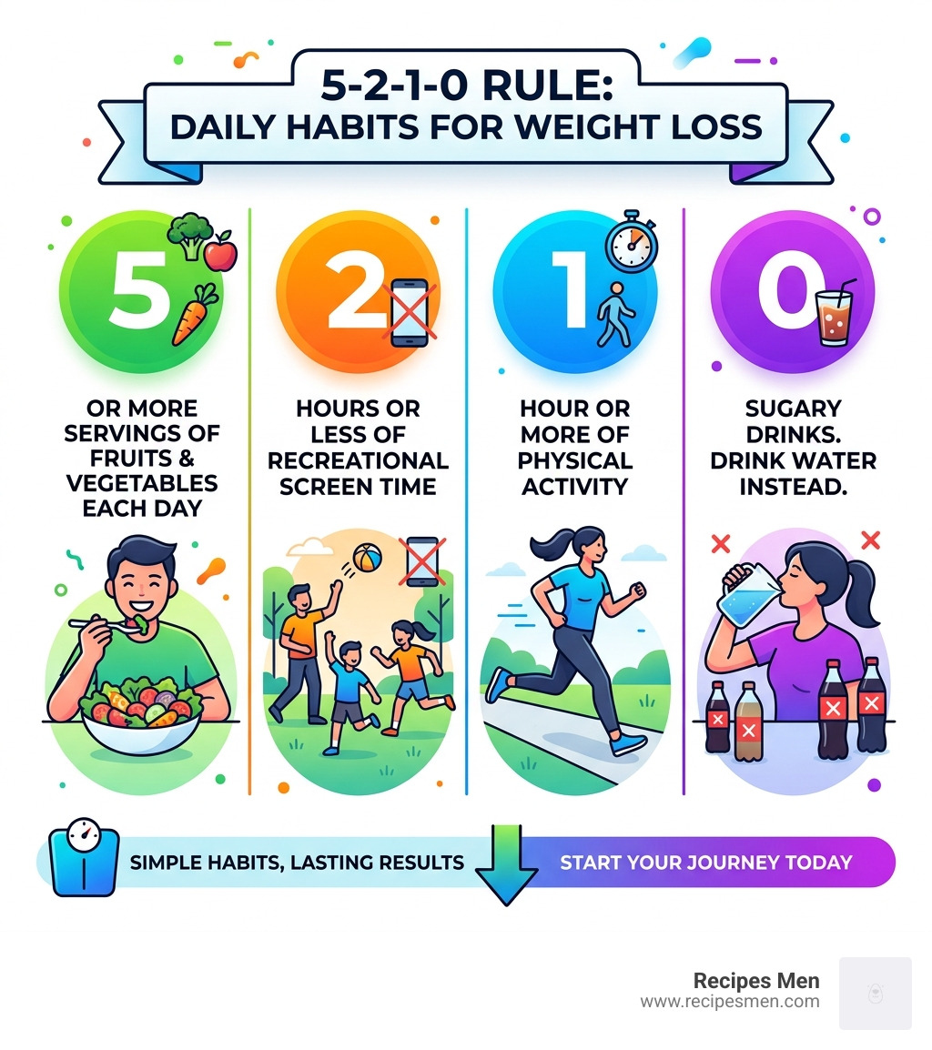 5-2-1-0 rule for healthy living infographic showing daily habits for weight loss - daily eating plan to lose weight