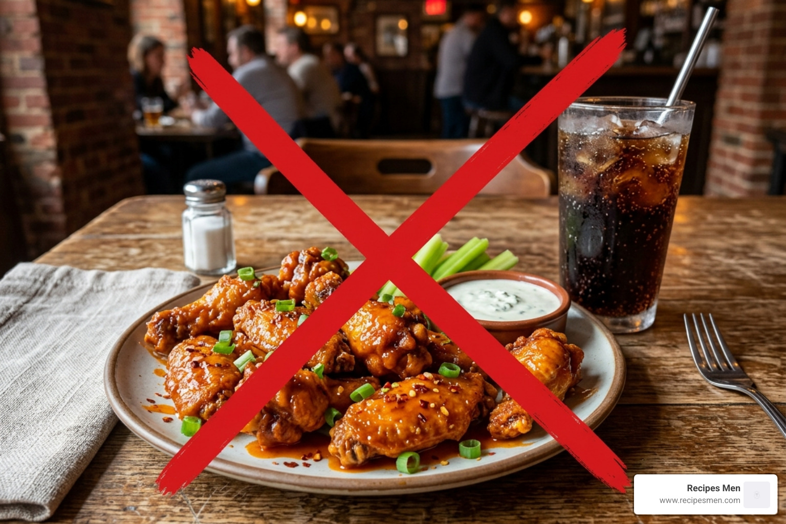 Close up of spicy wings and a sugary soda with a red 'X' over them - evening protein snacks