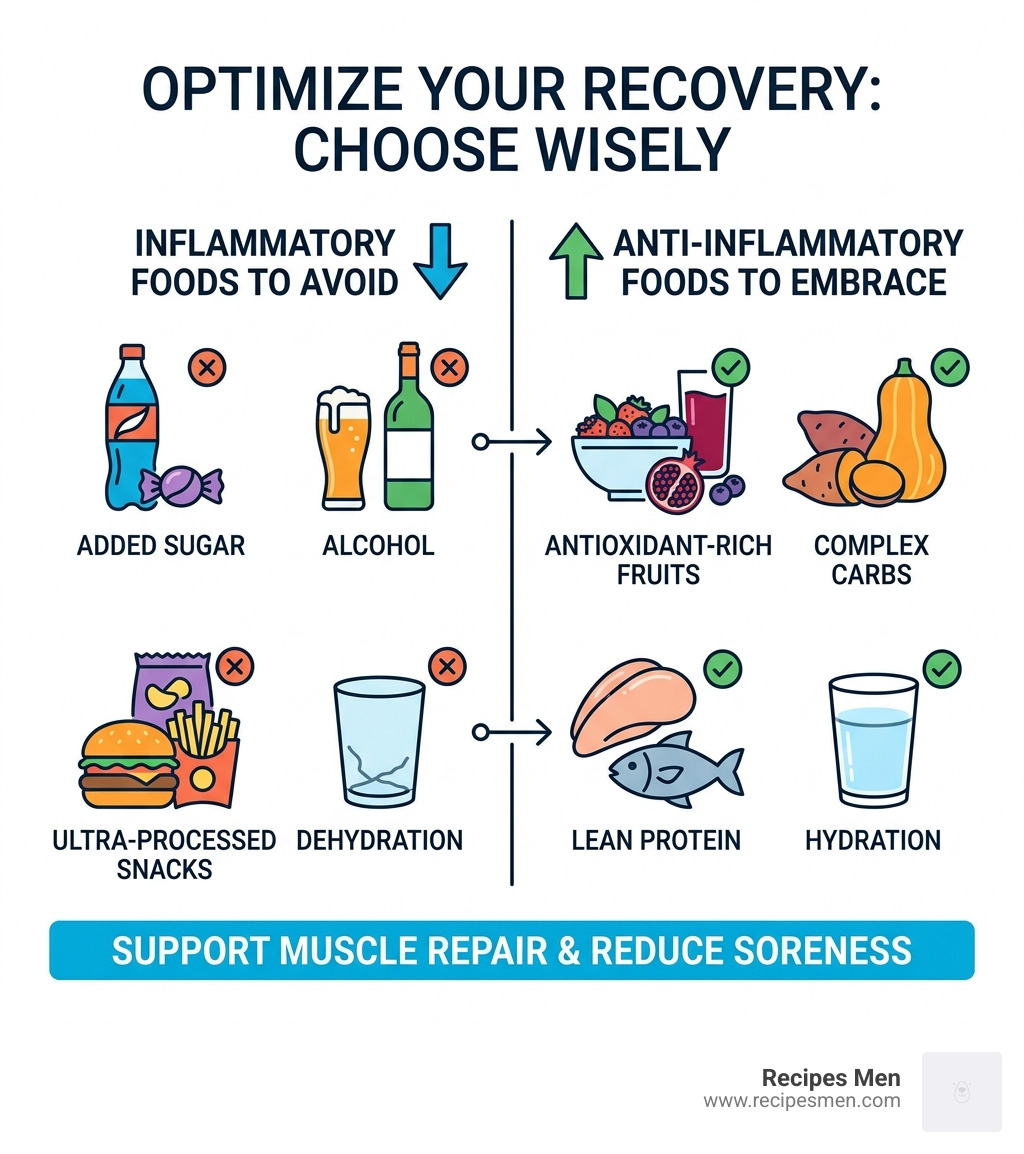 Infographic showing inflammatory foods to avoid versus anti-inflammatory foods to embrace for recovery - best foods for sore