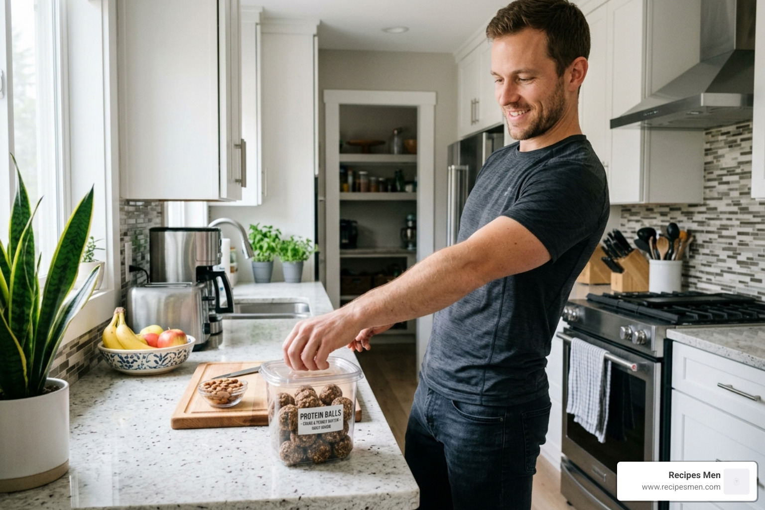A man reaching for a pre-prepared container of protein balls in a kitchen - evening protein snacks
