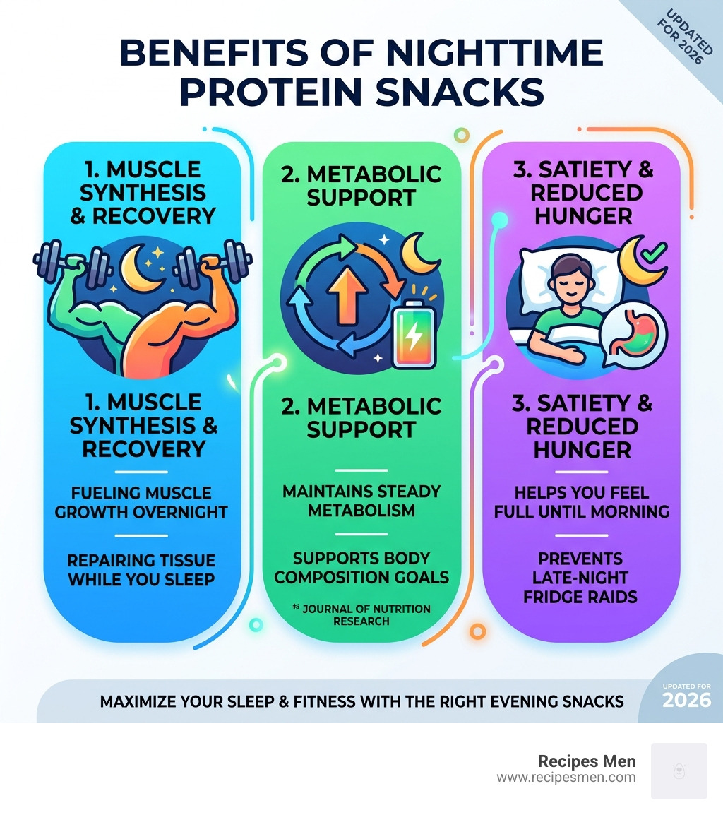 Benefits of nighttime protein snacks for muscle synthesis and recovery infographic - evening protein snacks infographic 