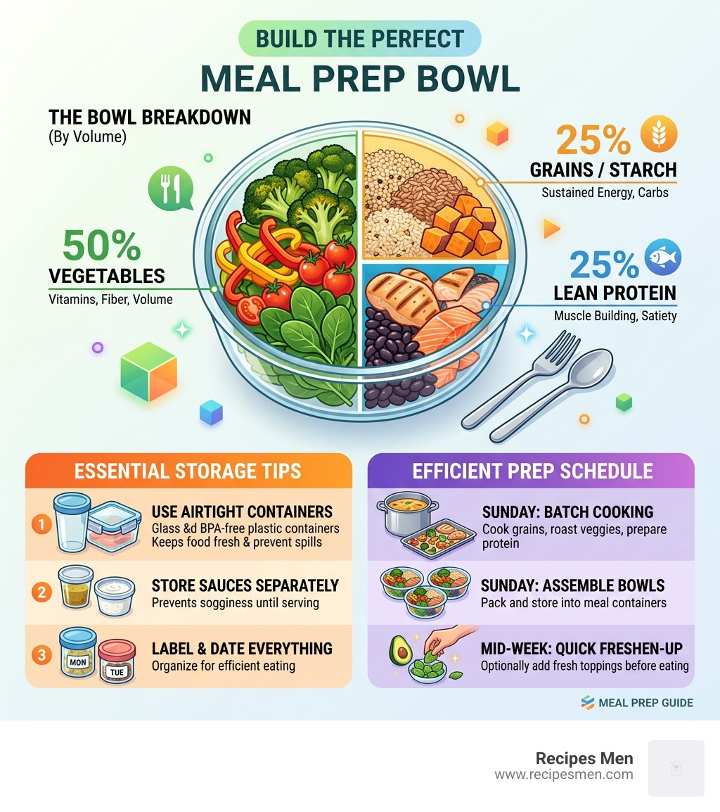 Infographic showing 50% vegetables, 25% grains, 25% protein meal prep bowl breakdown with storage tips and prep schedule