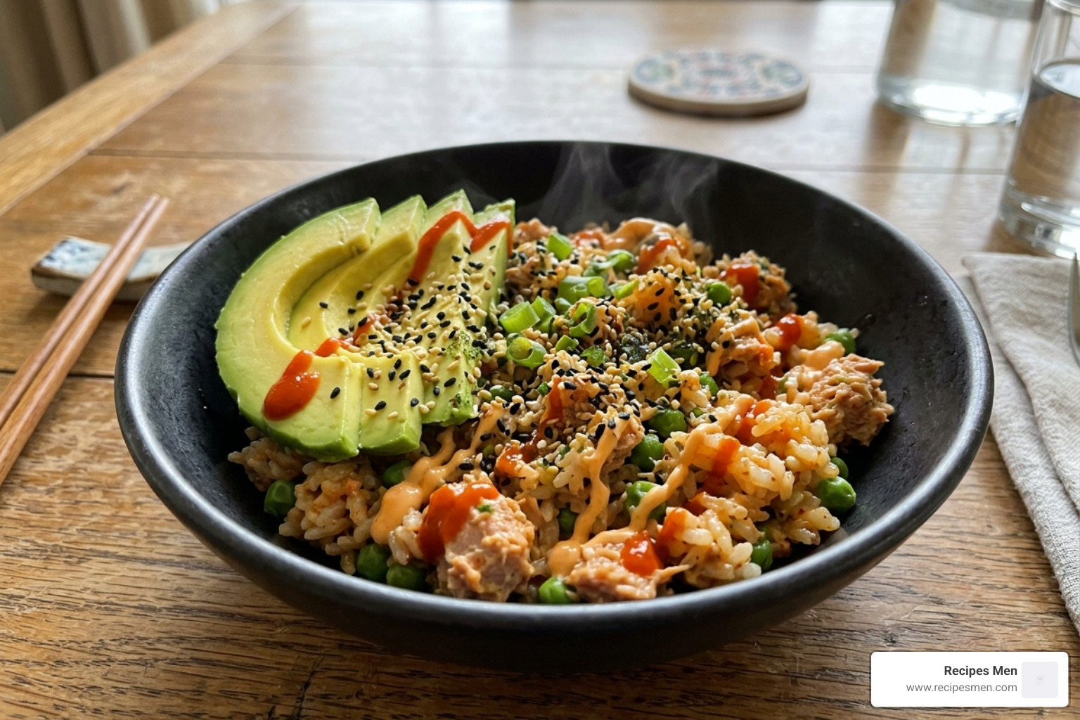 5-minute spicy tuna rice bowl with avocado and sesame seeds - quick yummy lunch ideas
