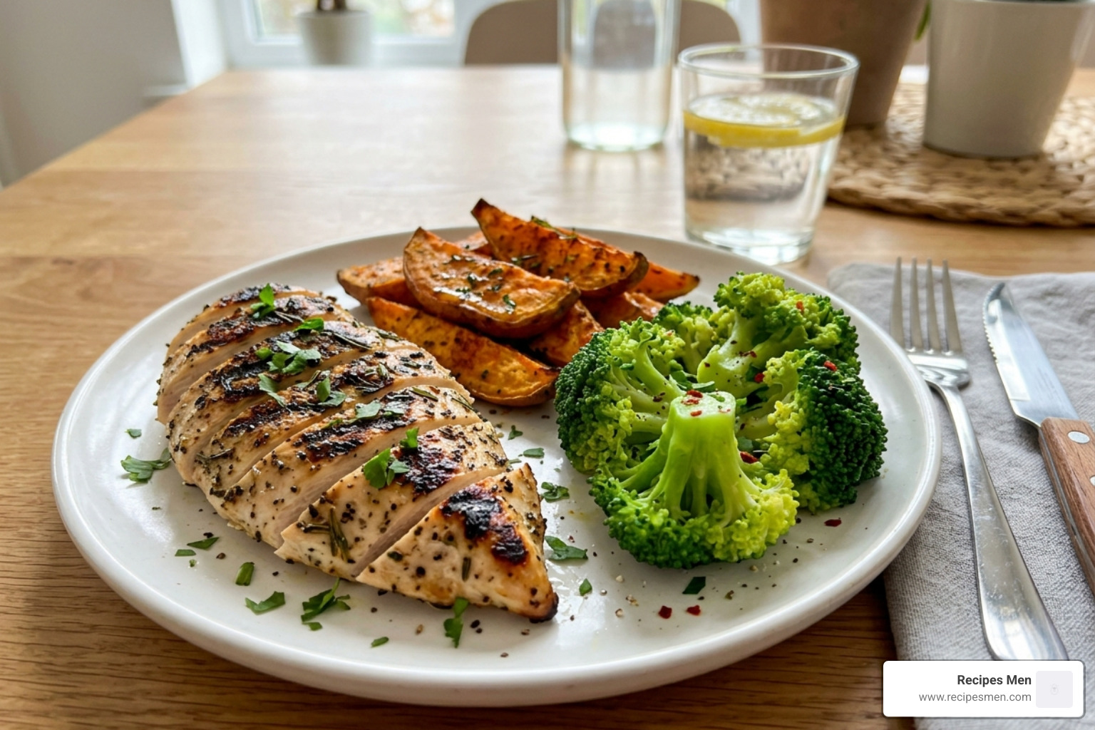 Balanced post-workout plate featuring grilled chicken, roasted sweet potatoes, and steamed broccoli - best foods for sore