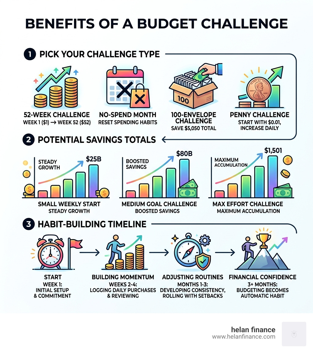 Benefits of a budget challenge infographic showing types, savings totals, and habit-building timeline - budget challenge