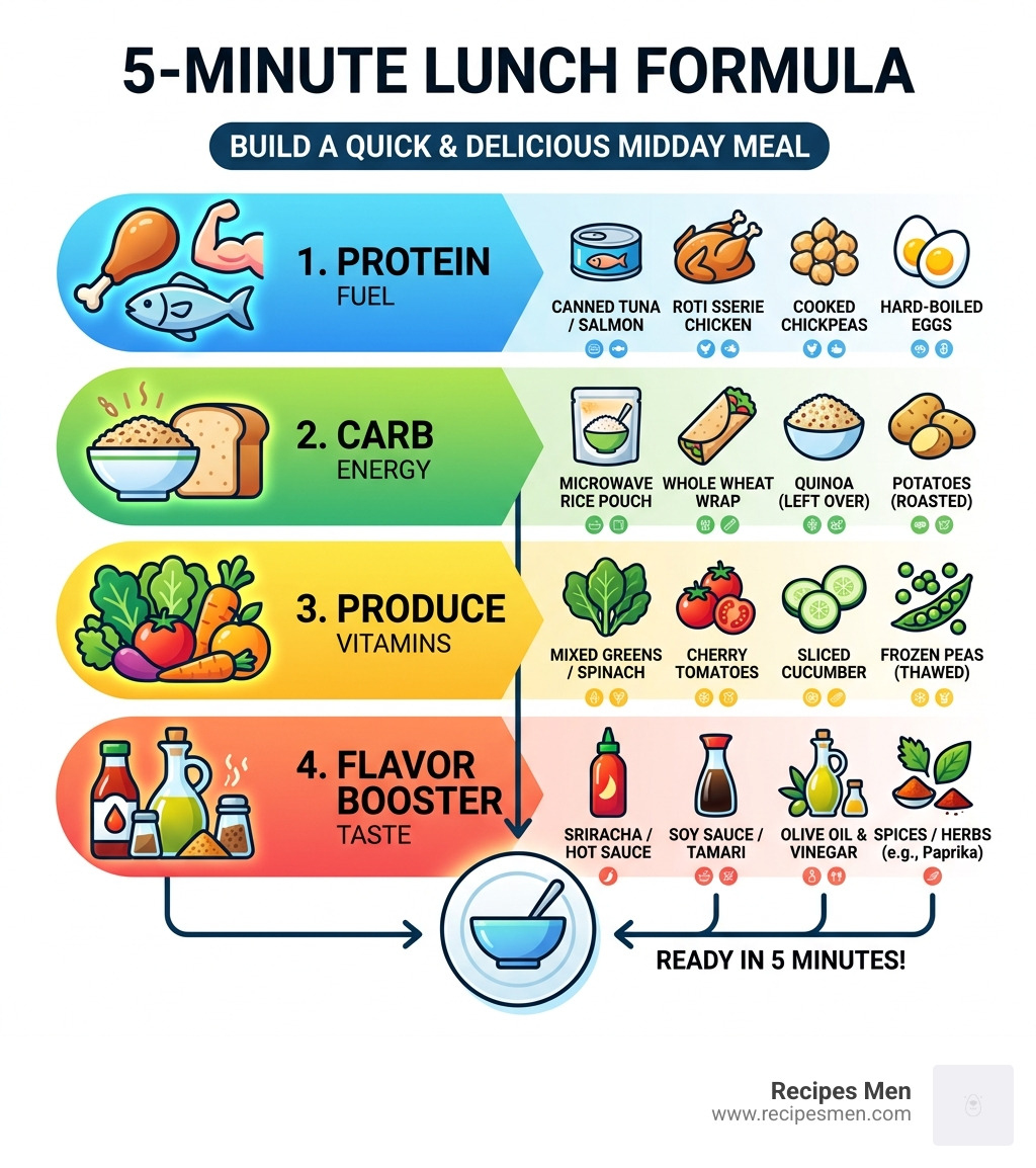 5-minute lunch formula infographic: protein + carb + produce + flavor booster with examples for each category - quick yummy