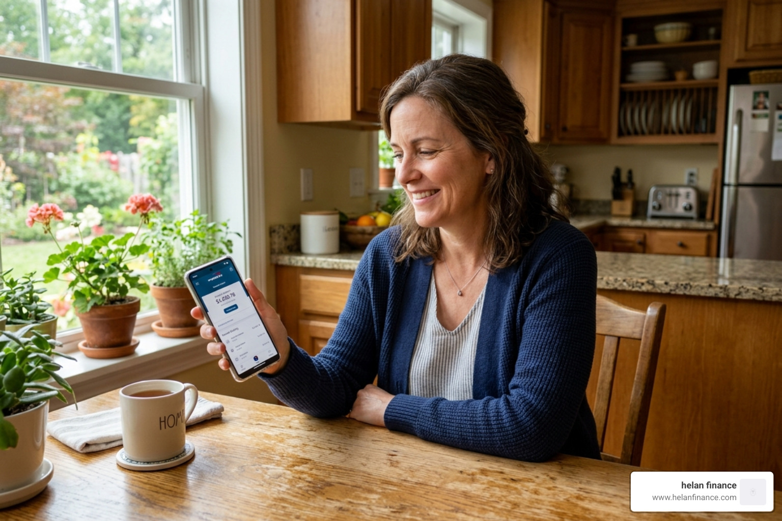 A calm person reviewing their bank account balance without stress - mindful spending habits