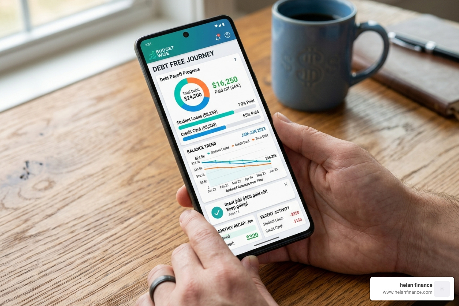 Digital budgeting app interface showing debt progress - planning to pay off debt