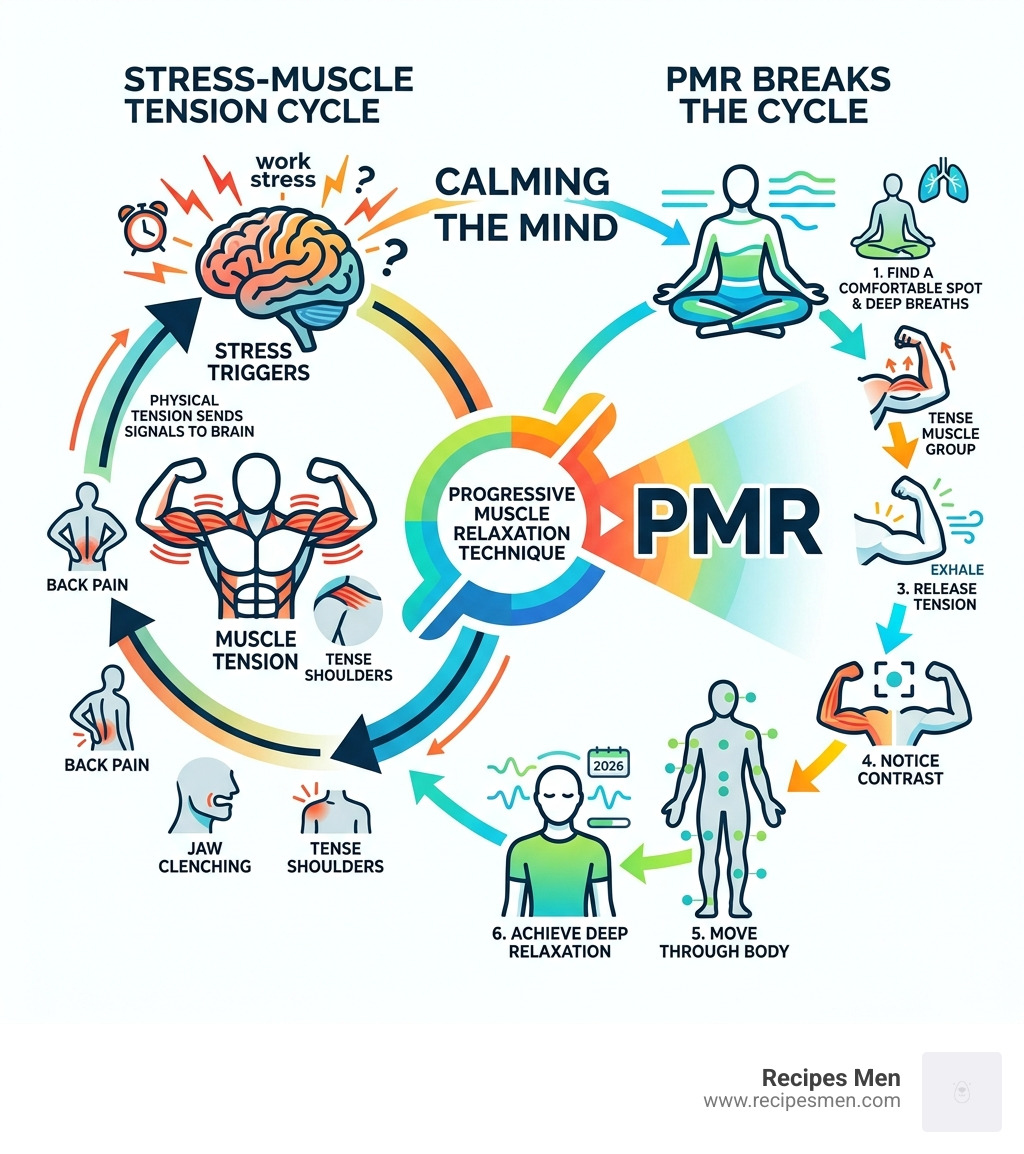 infographic showing the stress-muscle tension cycle and how PMR breaks it - progressive muscle relaxation technique